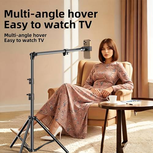 item picture adjustable floor tripod with rotating telescopic arm and phone holder featuring adjustable height and angle suitable for smartphone photography live streaming video recording cooking painting and food photography a stable tripod structure