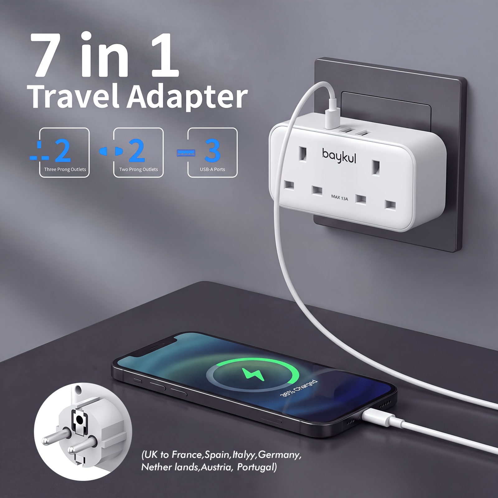 TEMU Uk To Eu Travel Adapter With 3 Usb Ports, 2 Uk Outlets, 2 Universal 2-pin Sockets, 3250w Power, White/black, For Uk To Germany France Spain