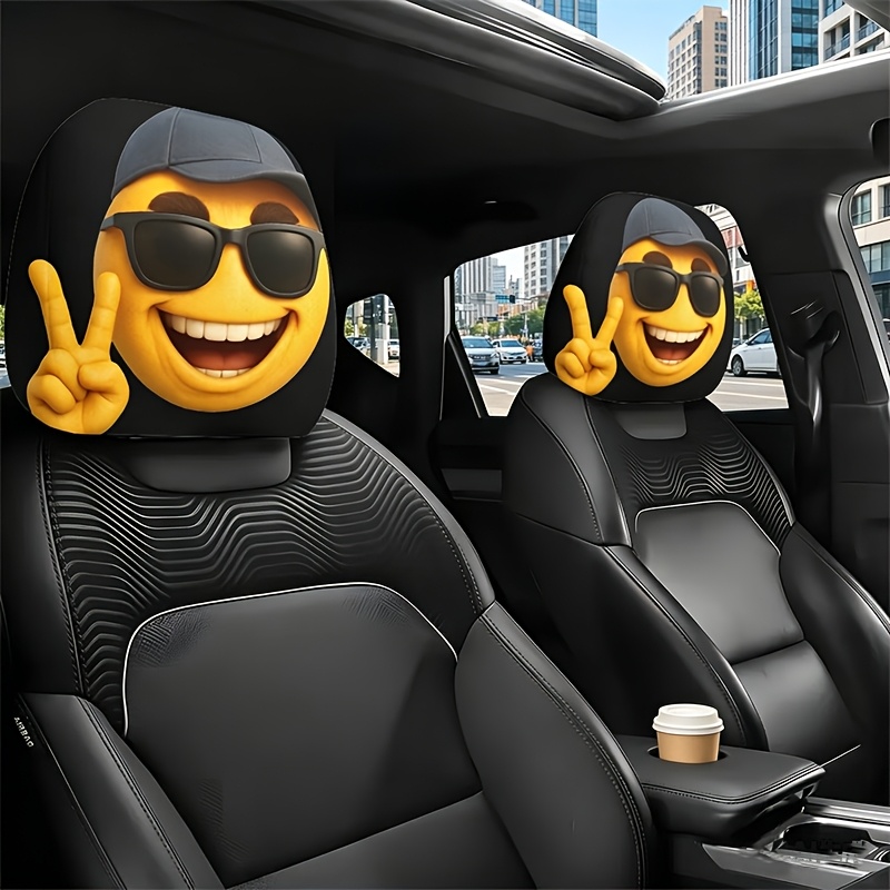 Image of 2pcs Of Yellow Cartoon Headrest Cover With , Universal Model, Washable And , Suitable For Self-driving Tours. An For Perfect Vehicle Entertainment Decoration And Seat Cover Protection.