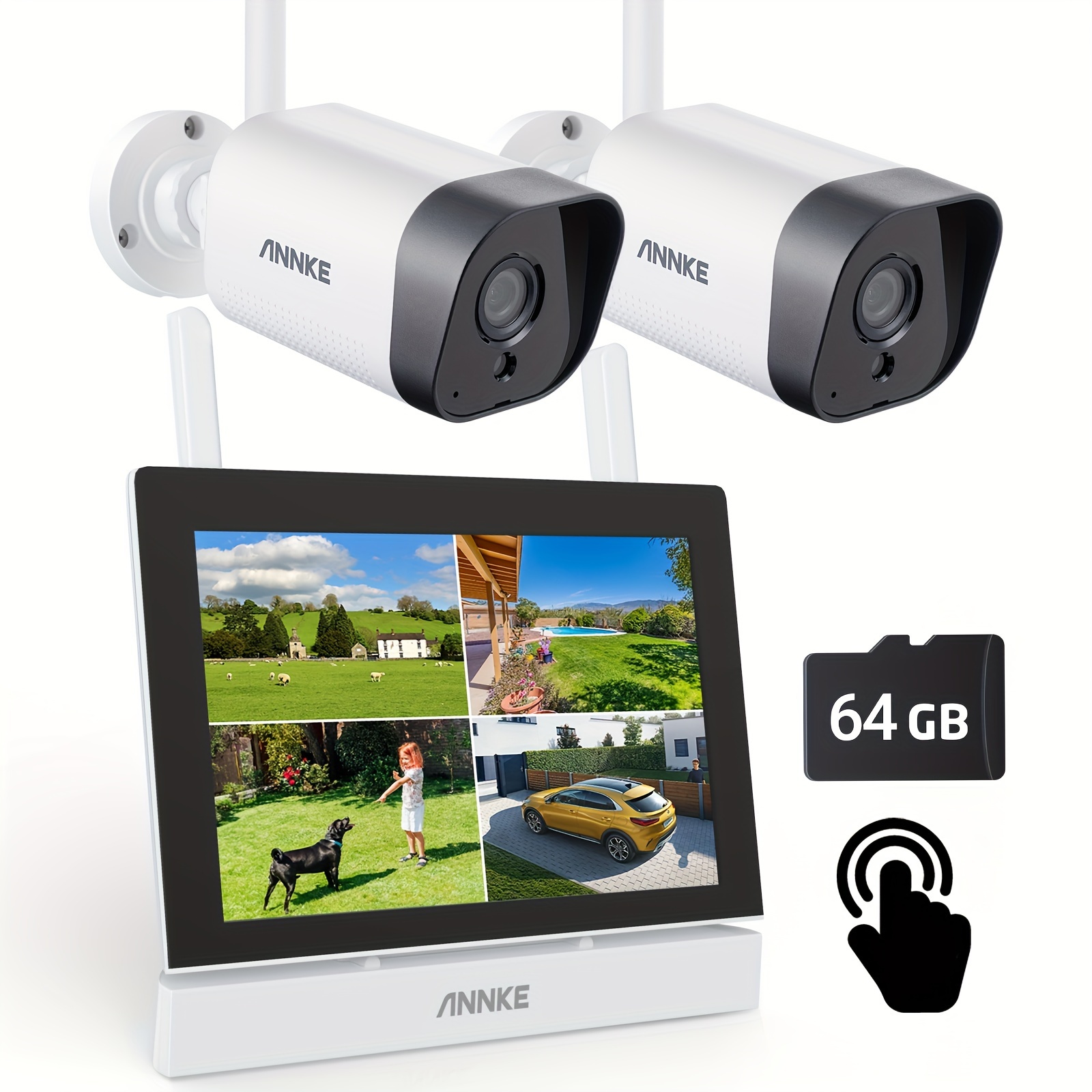 Annke 5mp Surveillance Camera Set With 7 Inch Monitor, 4ch Touchscreen Nvr Screen With 2pcs 3mp Wifi Camera, 2-way Audio, Person Detection, 30m Colour Night Vision, App & Mail Alarm, With 64 Gb Sd