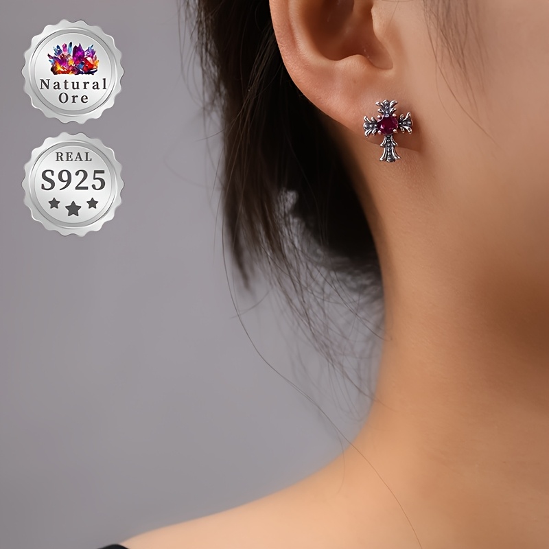 Women's S925 Silver Earrings with Red Garnet, Gothic Cross Design