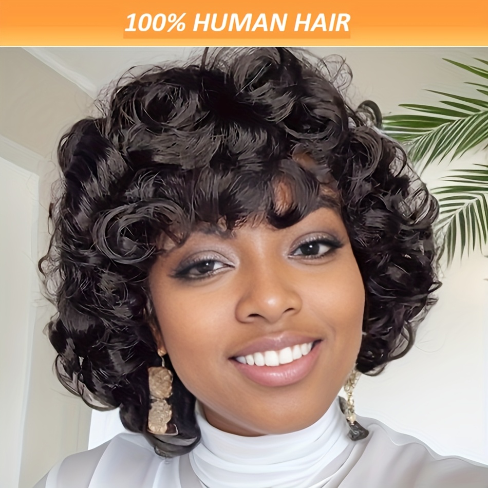 

1pc Women's Short Loose Curly Bob Wig - 10 Inch Human Hair, , Machine Made, Cap, 200% Density, Rose Cut Wig