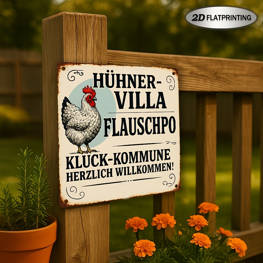 E-shop 2D Flach, ein einzelnes Vintage-Bauernhaus-Metallschild, mit einem Hahn-Grafik für eine deutsche Hühnerstall-Welcome-Plakette, ideal für