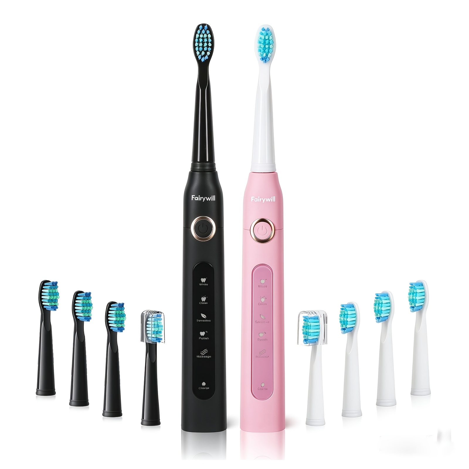 Image of Fairywill Electric Toothbrush 2-pack For Adults With 8 Brush Heads And 2 Travel Cases, Gifts For Men/women, 5 Rechargeable Power Toothbrush