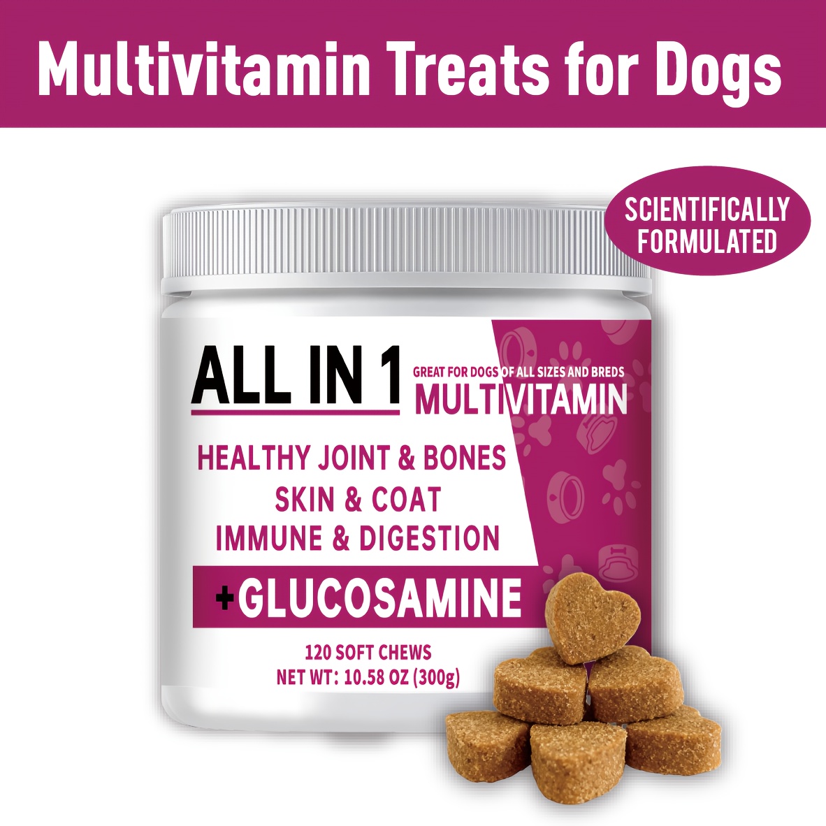 TEMU -1 Dog Multivitamin | Chicken Flavor, Easy To Feed | Probiotics + Enzymes For Digestive, Support Joint, Skin & Coat Health, 3 Fish Oil (all Breeds)