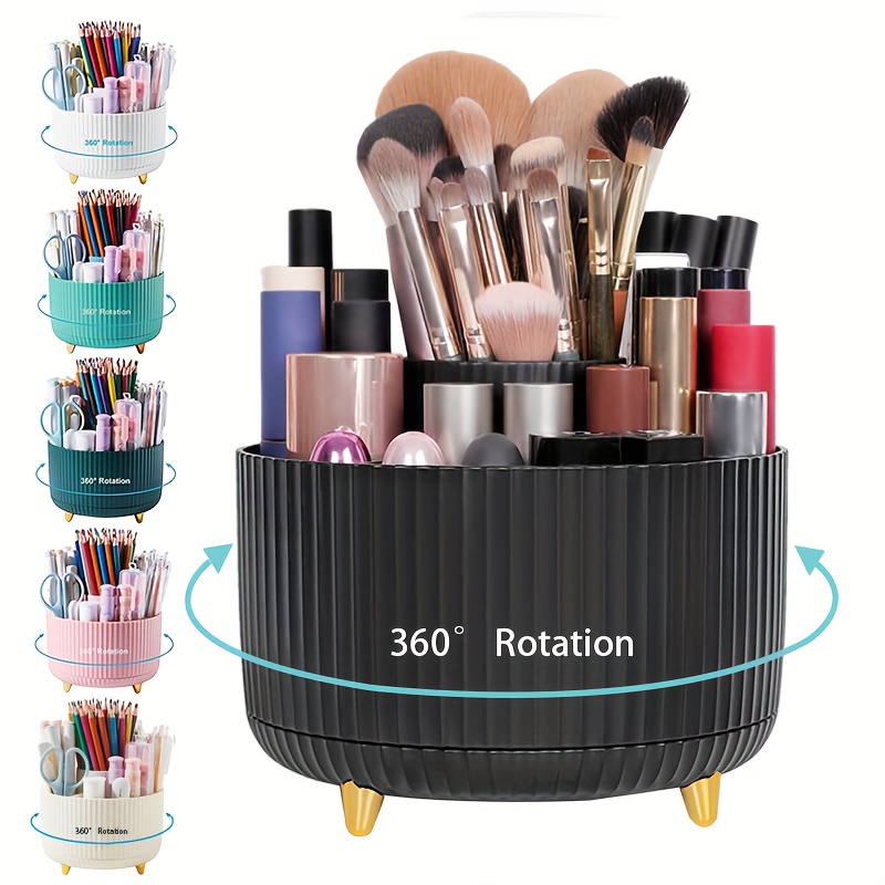 

360-degree Rotating Makeup Organizer - Large Capacity 5-slot Brush Holder With Accessories Slots For Cosmetics, Pens, Eyeliner & Lipstick - Perfect For Vanity, Office, Or School Desk