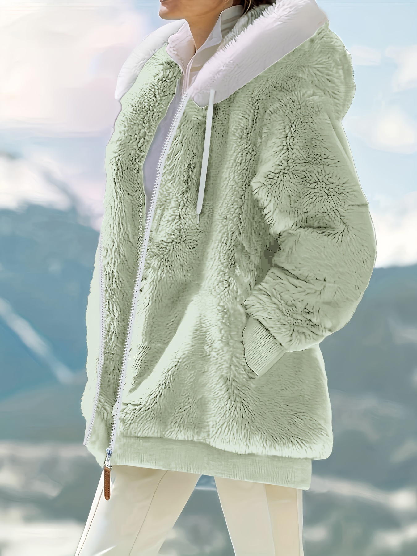 elegant casual   fur hooded zip up coat for adults solid color knit polyester 100 fall  