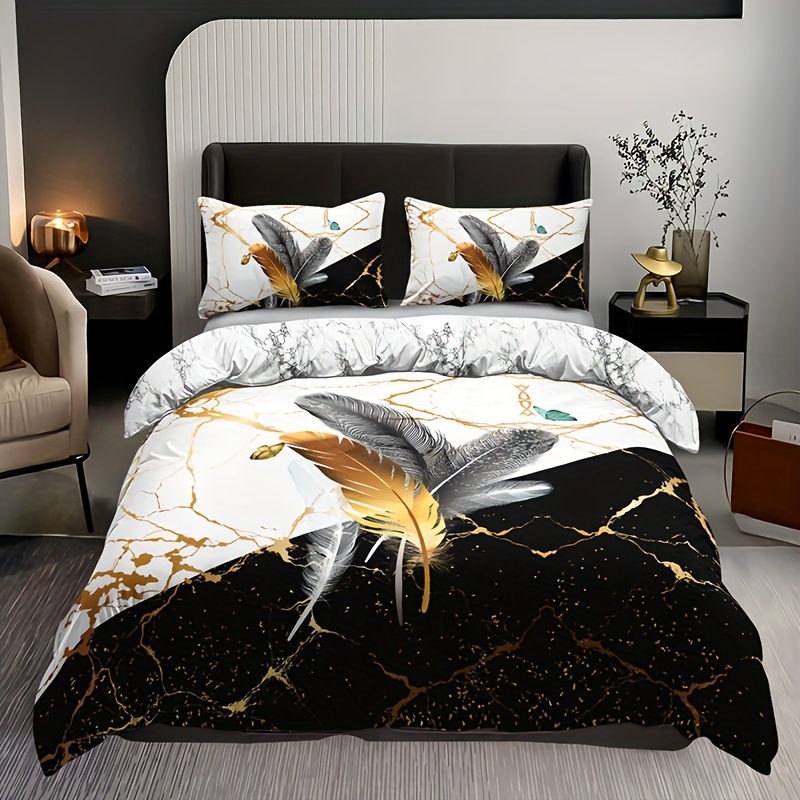 

3pcs Duvet Cover Set (1 Duvet Cover + 2 Pillowcase Without Pillow Insert), Hd Printed Black & White Marble Feather For Home Dormitory