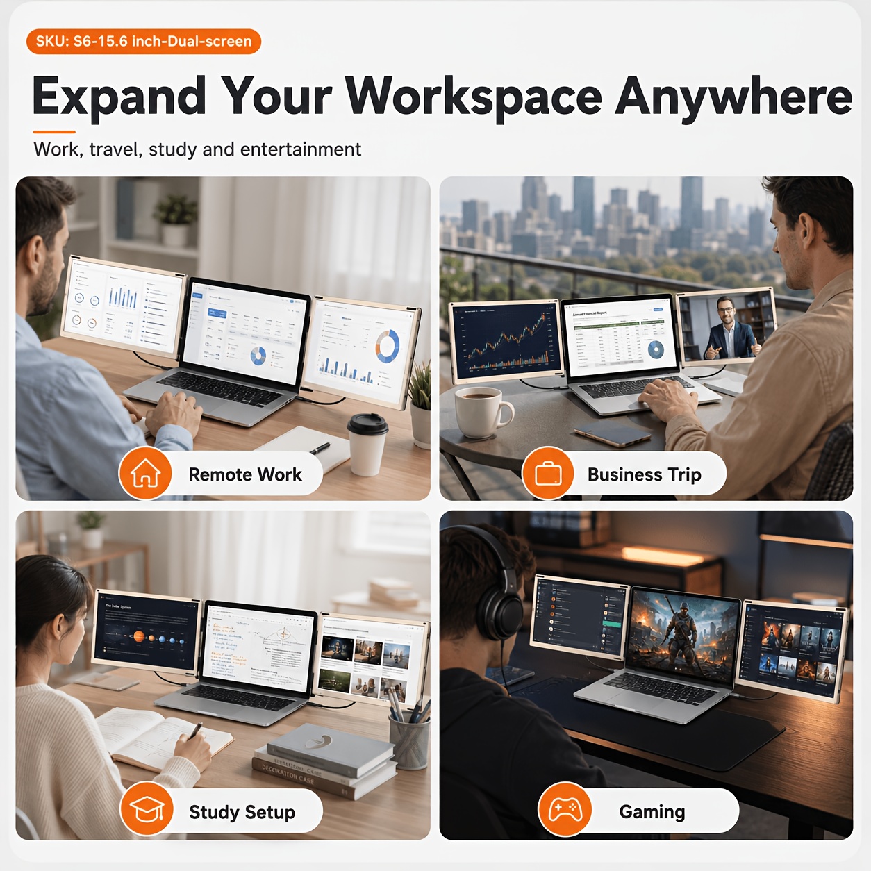 Laptop Screen Extender 14 / 15.6 Inch Dual Screen Portable Monitor, 1080P FHD IPS Screen, 178° Wide Viewing Angle, High Color Gamut, Plug And Play Three-Screen Expansion, Widely Compatible, USB-C/HDTV Video Output, Foldable External Monitor