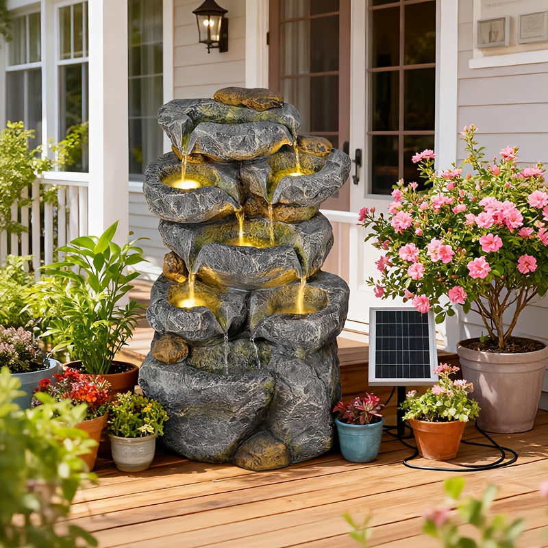 outdoor solar water fountain 24 inch waterfall   five tier rock style outdoor fountain with lights   ip68 pump and solar panel suitable for courtyard deck porch and backyard home decoration