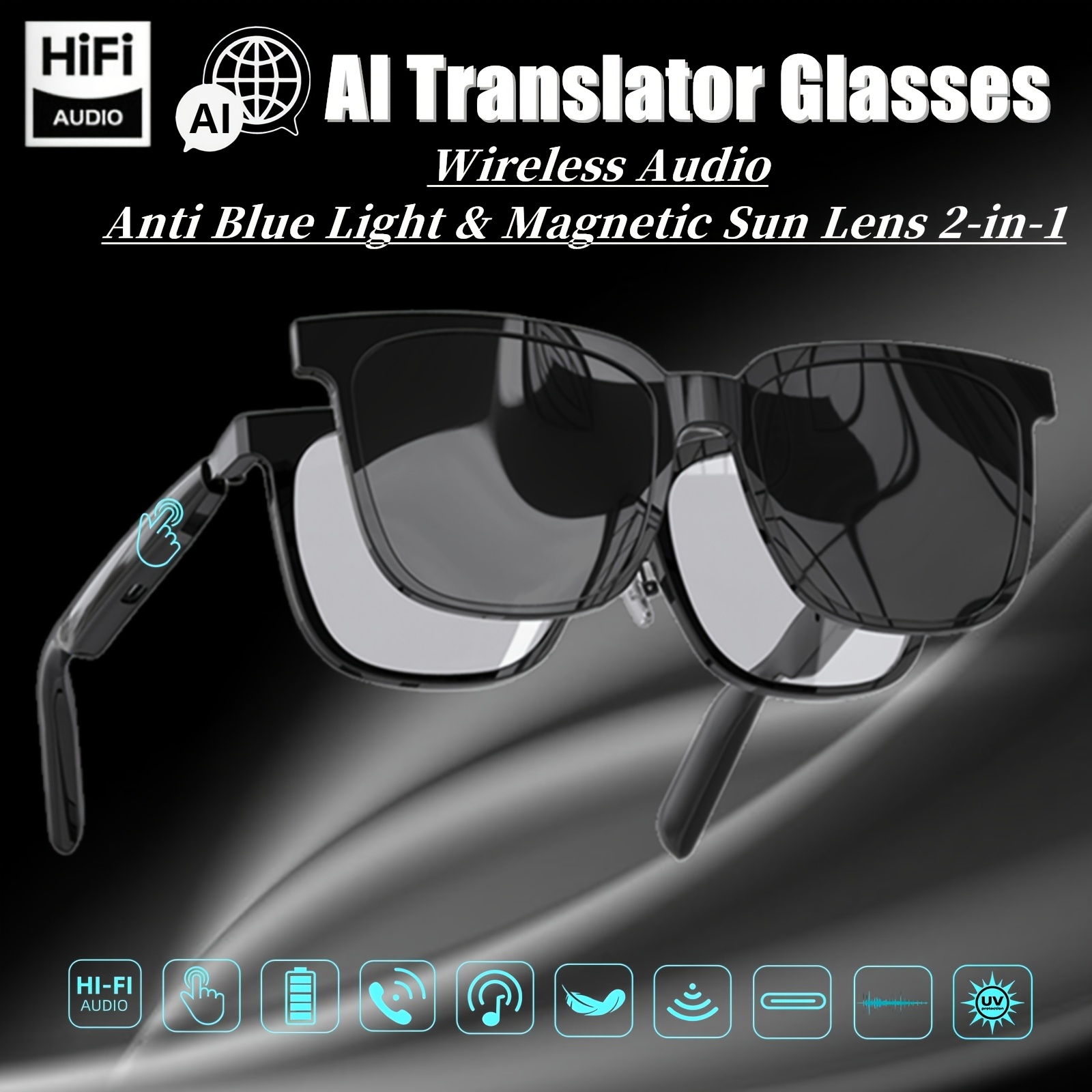 نظارات ذكية مع مترجم ذكي ومضاد للأشعة الزرقاء ومغناطيسية وعدسة شمسية 2 في 1 مع صوت لاسلكي HIFI وإجراء مكالمات لاسلكية وتشغيل الموسيقى والتحكم باللمس ومساعد صوتي وعمر بطارية طويل | للتنزه والقيادة والأنشطة الخارجية وهدية للجنسين