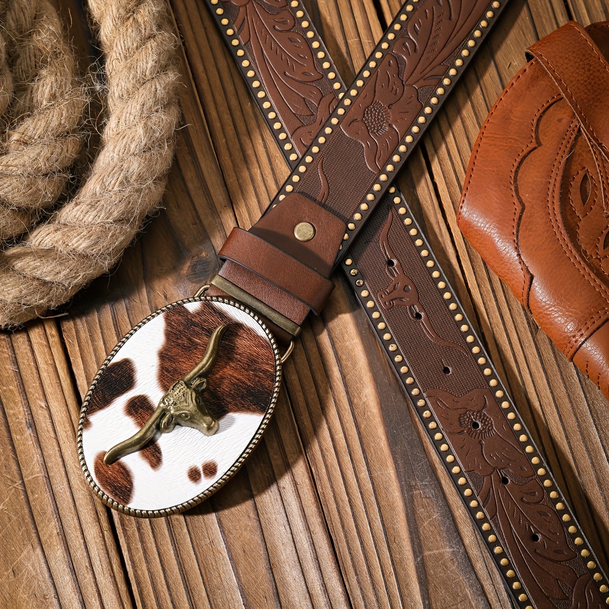 Image of 1pc Cow Element Western Style Belt, Men Women Teen Unisex Casual Retro Classic Faux Leather Belt, Pu Printed Design Fashionable Individual ( Texture Random)