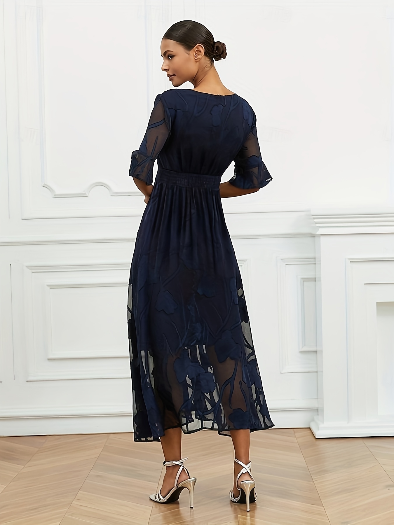 Women's Long Semi-Formal A-Line Dress, Elegant Work Birthday Wave Sleeve  Wedding Guest Formal Evening Dress