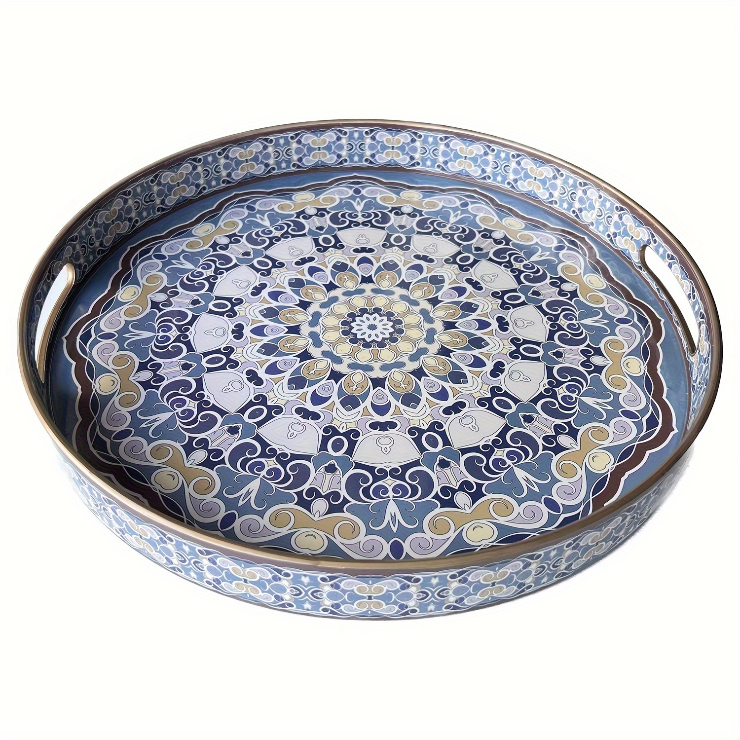 

1pc Round Decorative Tray - Blue Purple Patternm, Marbling Plastic Tray With Handles, Modern Vanity Tray And Serving Tray For Ottoman, Coffee Table, Kitchen And Bathroom, Size 13