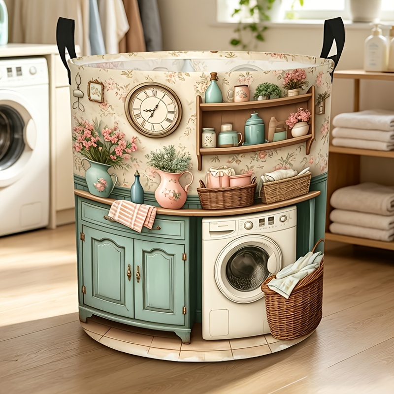 TEMU 1 Basket With 2d Flat Print Design - Foldable Round Storage Bin, Space-saving, Durable Material, Suitable For Bathroom, Bedroom, Laundry Room