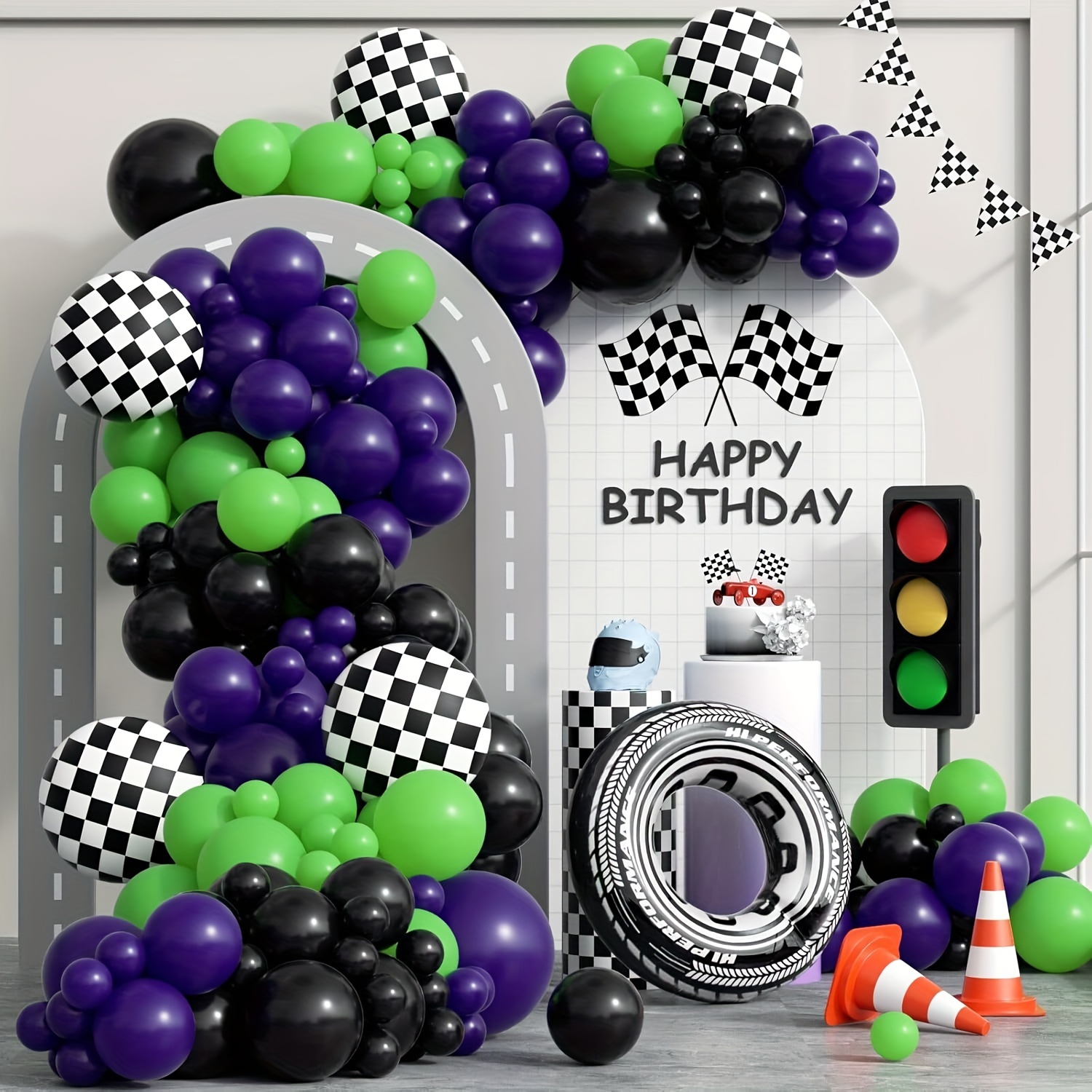 

Truck Theme Arch Kit, 144pcs Black Green Purple Balloons Set With Checkered Balloons And Wheel Balloons For Truck Birthday Baby Shower Race Car Party Decorations