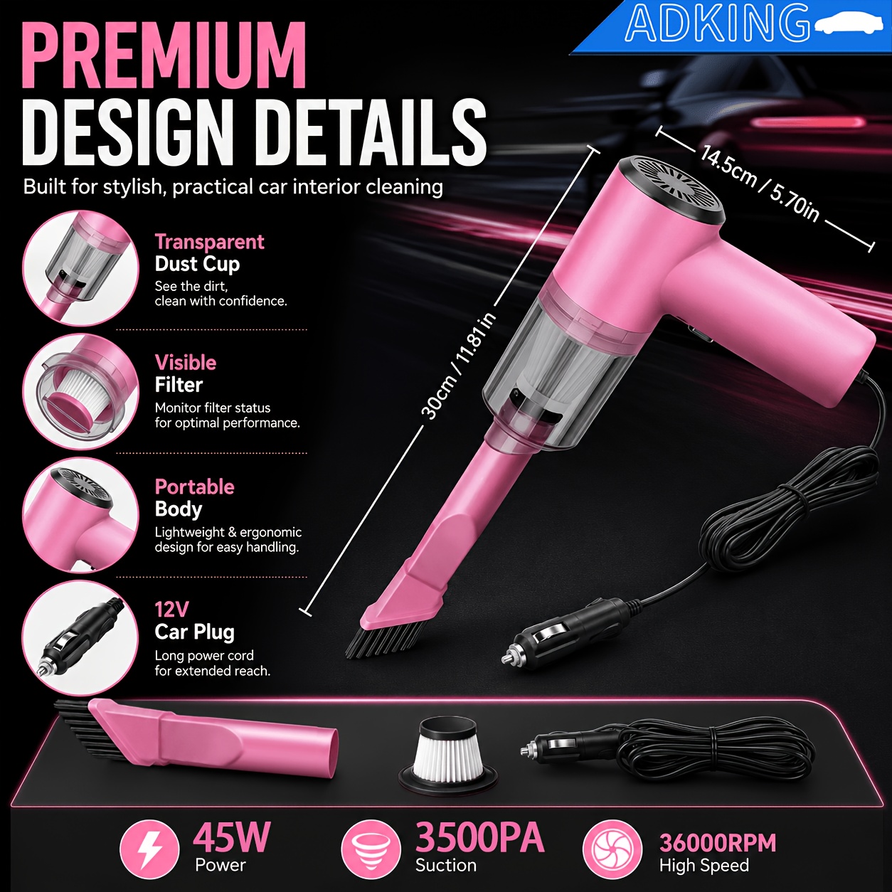 powerful 12v vacuum cleaner with handheld design   for pethair dust and     accessory kit Product details 7