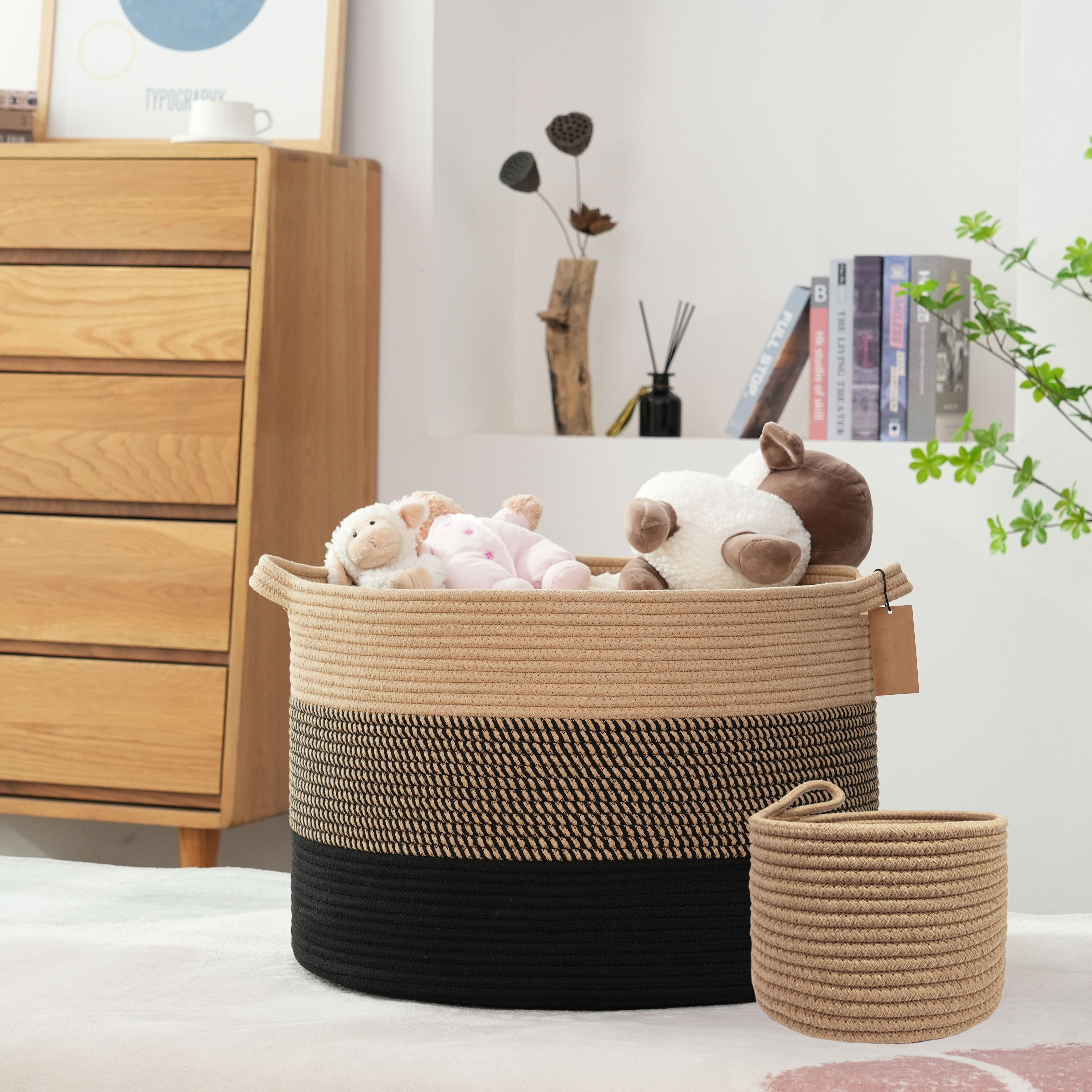 

80l New Extra Large Blanket Storage Basket 21''x21''x13.6''|7''x7''x5.5'' Toy Organizers And Storage|cotton Rope Woven Round Basket For Blanket| For Newborn.comes With A Small Basket..