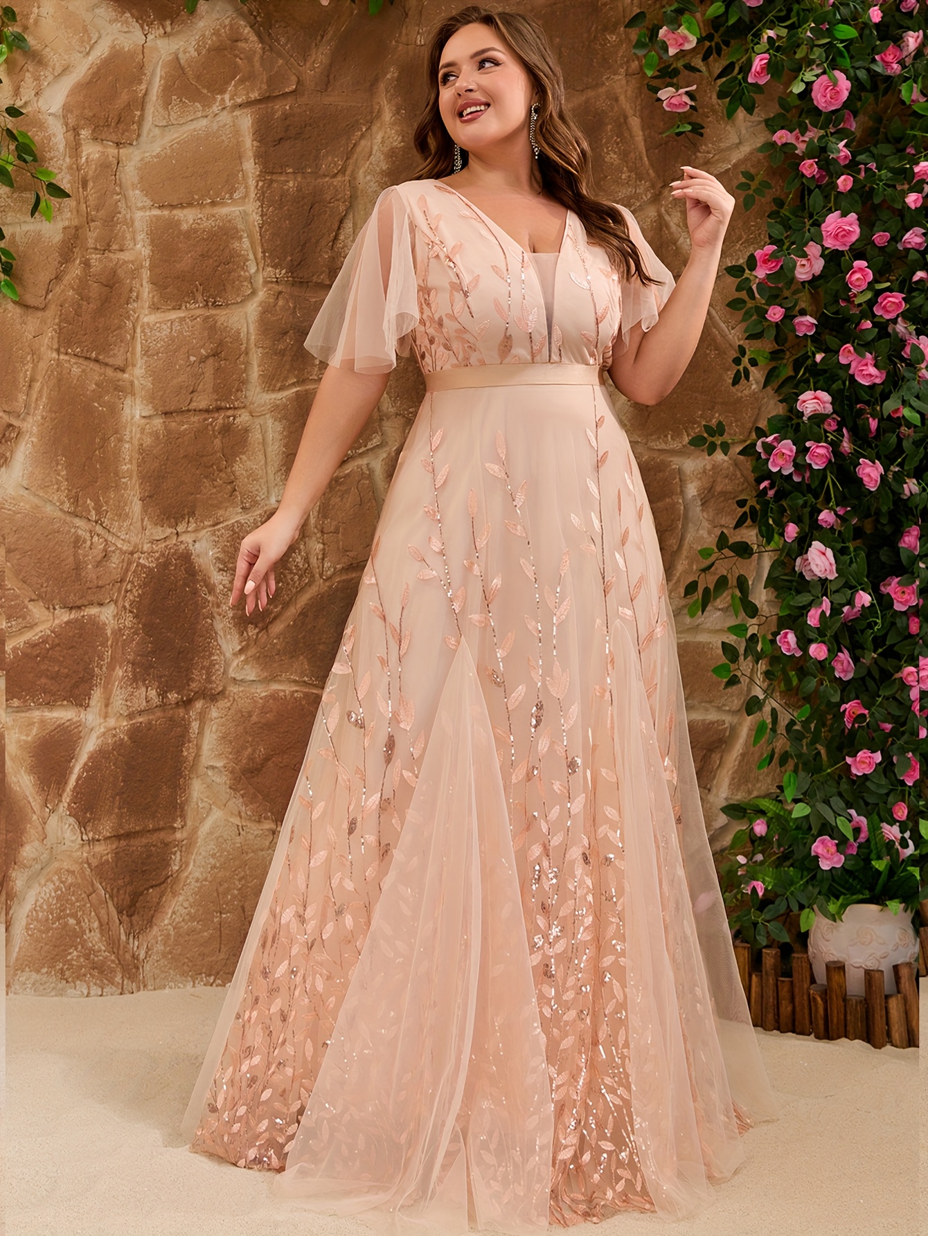 slim fit dress slacks Plus Size Rose Gold Strapless Glitter Prom Dress main image 1