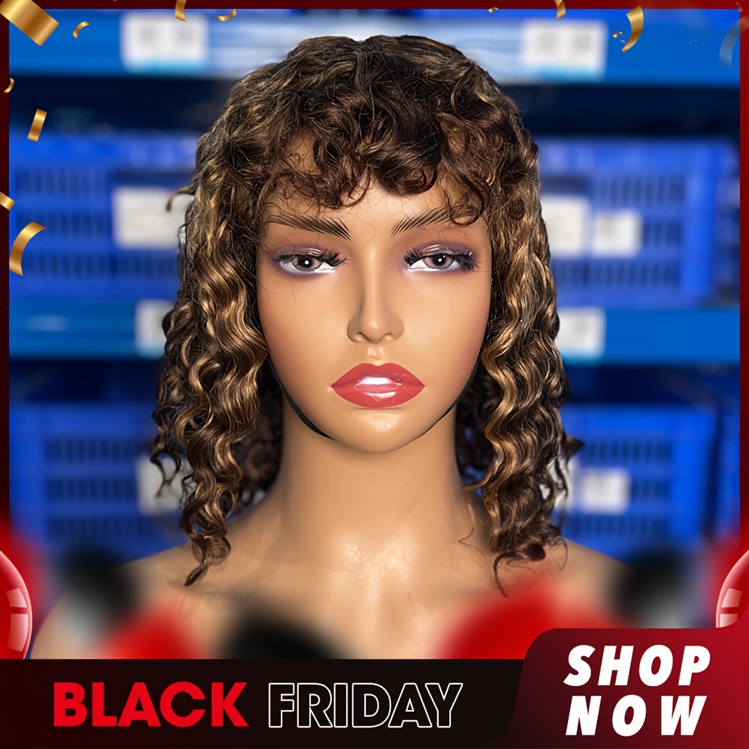 

Put On And Go Short Wig With Bangs Bob Human Hair Wig For Women Highlight P4/27# 12 Inch Short Curly Bob Wig 180% Density Glueless Wig