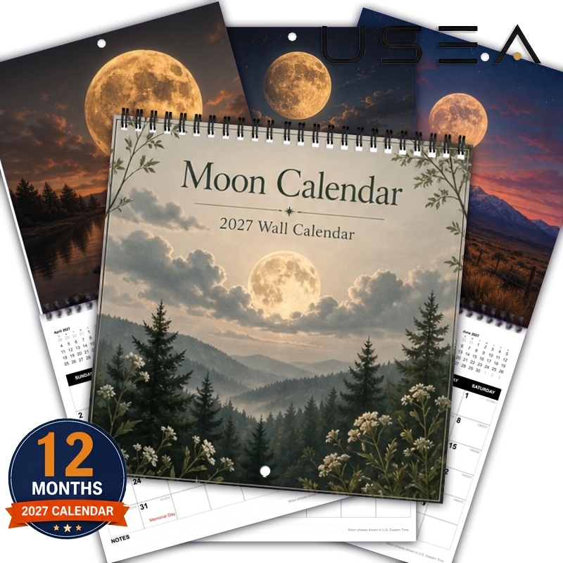 TEMU 2027 Wall Calendar, 1pc Pack, 2027 Moon Phases Themed Wall Calendar, 12-month Annual Planning Monthly Calendar, Double-wire Spiral Bound Hanging