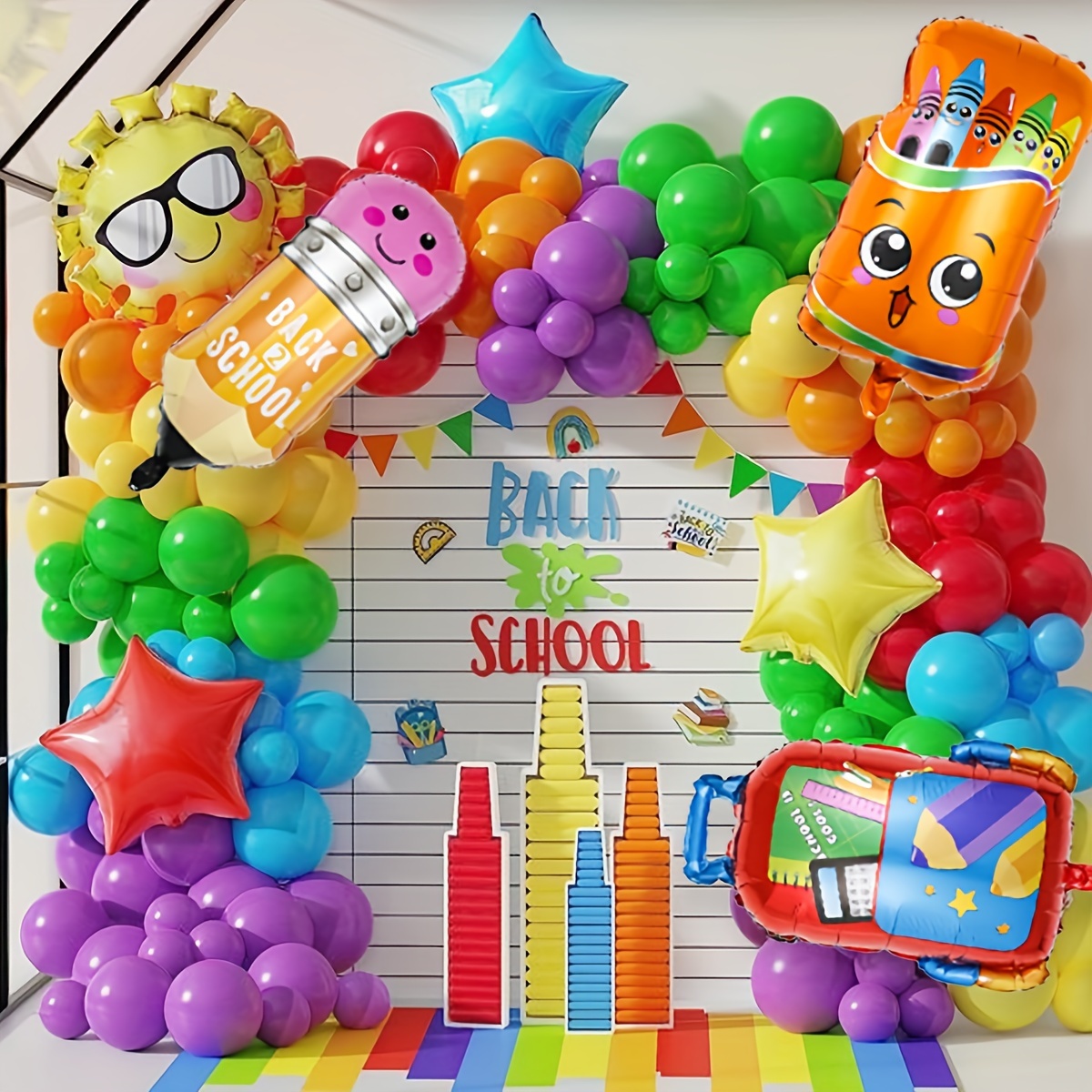 

new Beginnings" 3-piece Back-to-school Balloon Set With Schoolbag, Pencil & Crayon Box - Includes Straw Ribbon For First Day Decorations, Kindergarten & Teacher Welcome Party Supplies