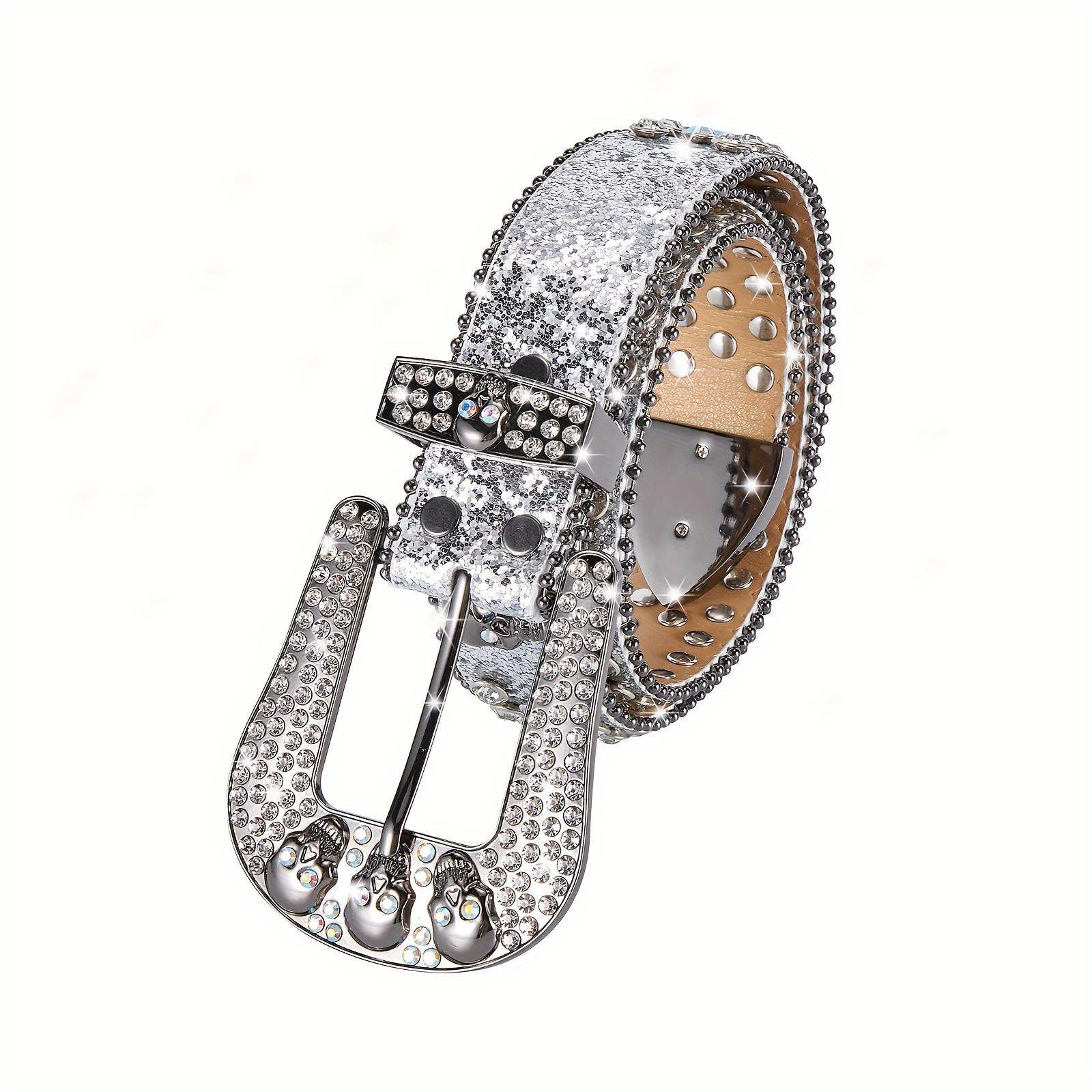 skulls belt bling bling faux leather belt jeans - Temu display picture 1