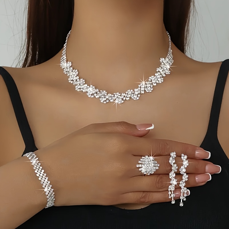 Luxurious and Exquisite Irregular Rhinestone 4pcs Set: Necklace, Bracelet, Earrings, and Ring - Bridal Wedding Accessories