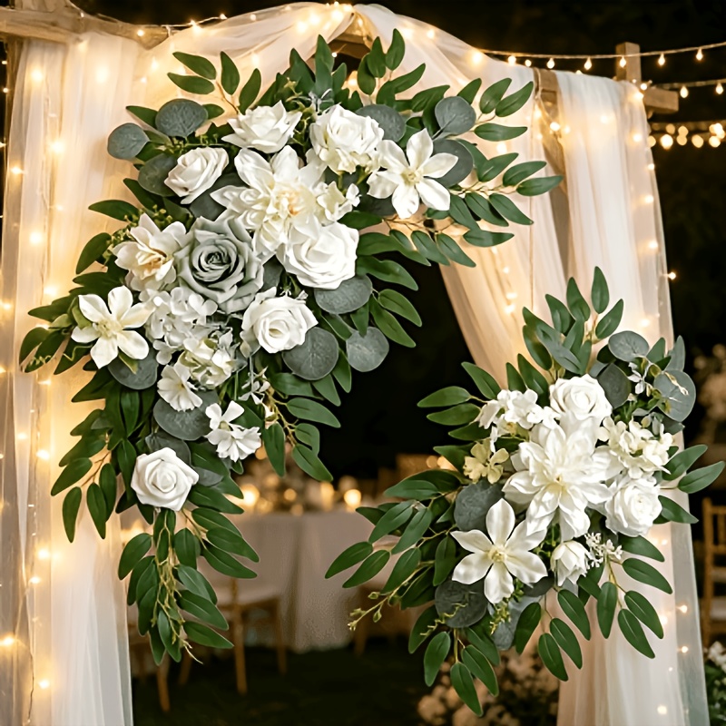 TEMU 2pcs White Eucalyptus Artificial Wedding Arch Flowers Set, Fake Rose Floral Arrangement For Ceremony Backdrop, Welcome Sign, Bridal Shower, Home