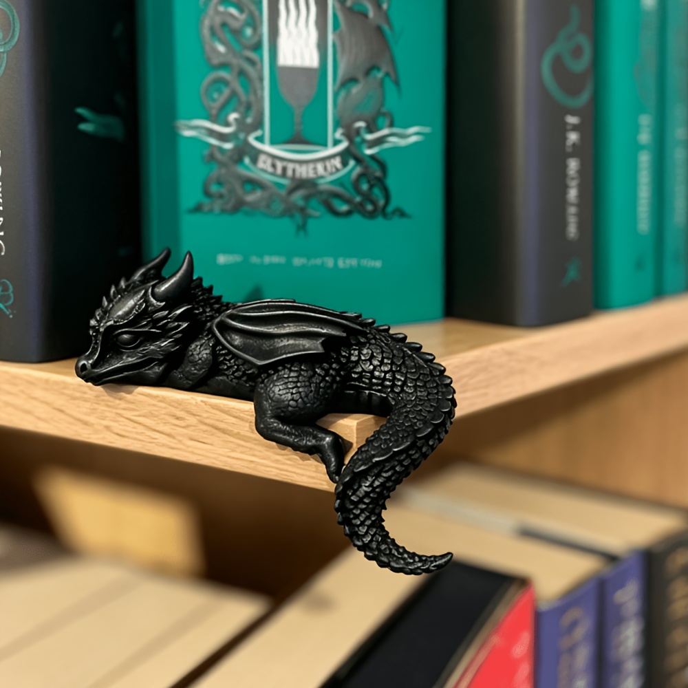 TEMU Sleeping Dragonling Shelf Decor Statue - Gothic Black Dragon Figurine, Retro Plastic Dragon Ornament Suitable For Bookshelf, Desktop, Monitor