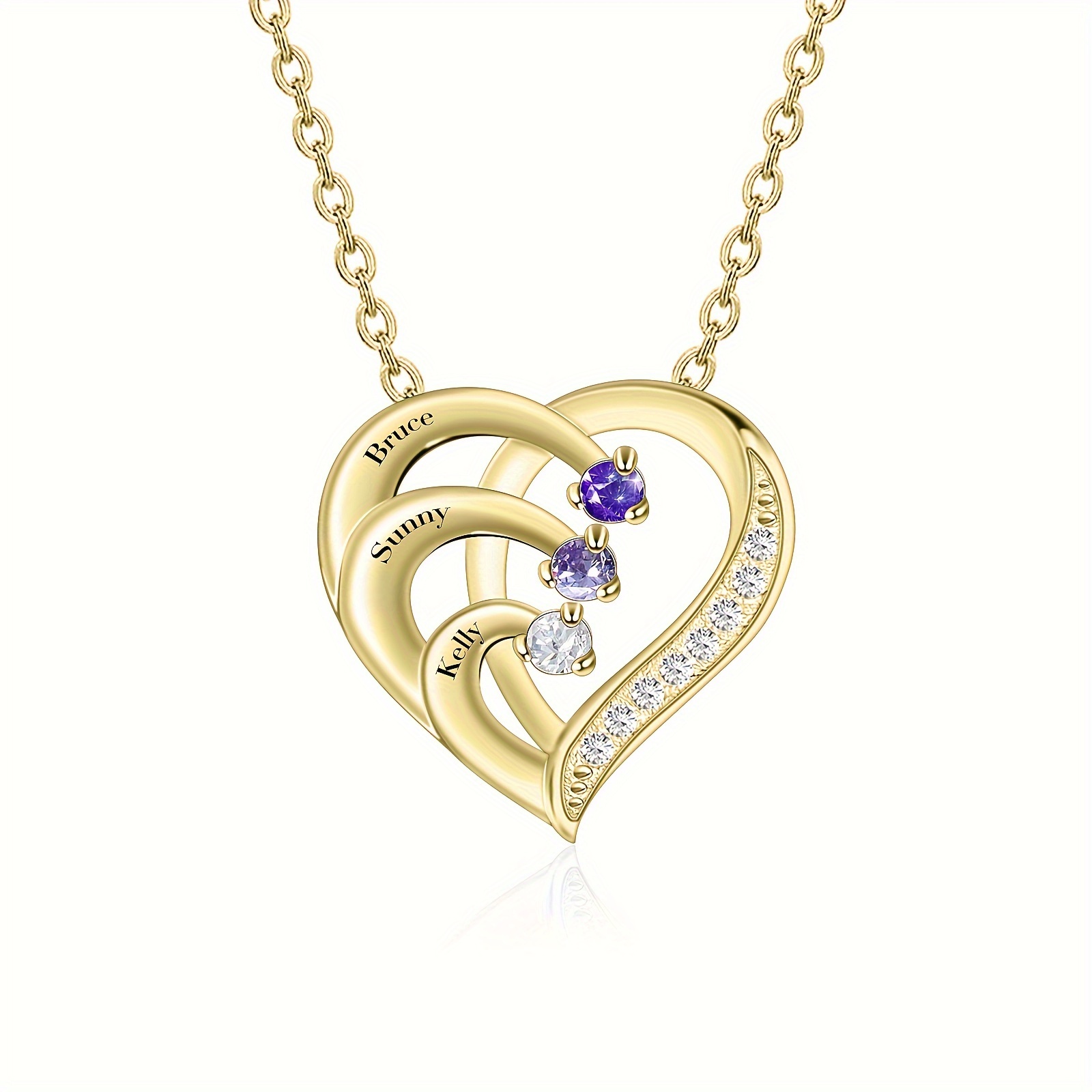 TEMU 1pc Women's Elegant Heart-shaped Pendant, Customized With Birthstone And Engraved Name, Available In Various Colors, Stylish High-end Boutique