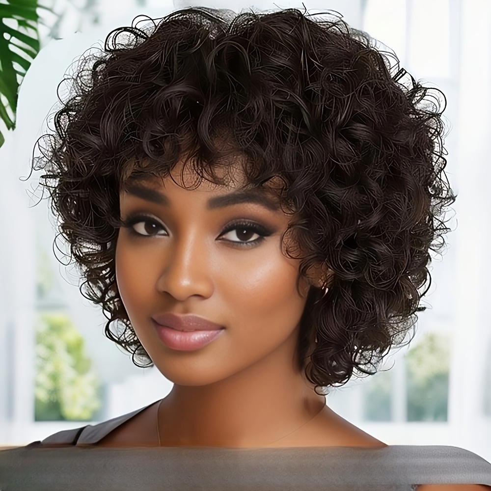 TEMU Elegant 6-inch Deep Curly Bob Wig With Bangs For Women - Glueless Brazilian Human Hair, Machine Made, 200% Density, Brown, Short Cut Style, Everyday Or Special Occasions, Hair Wig