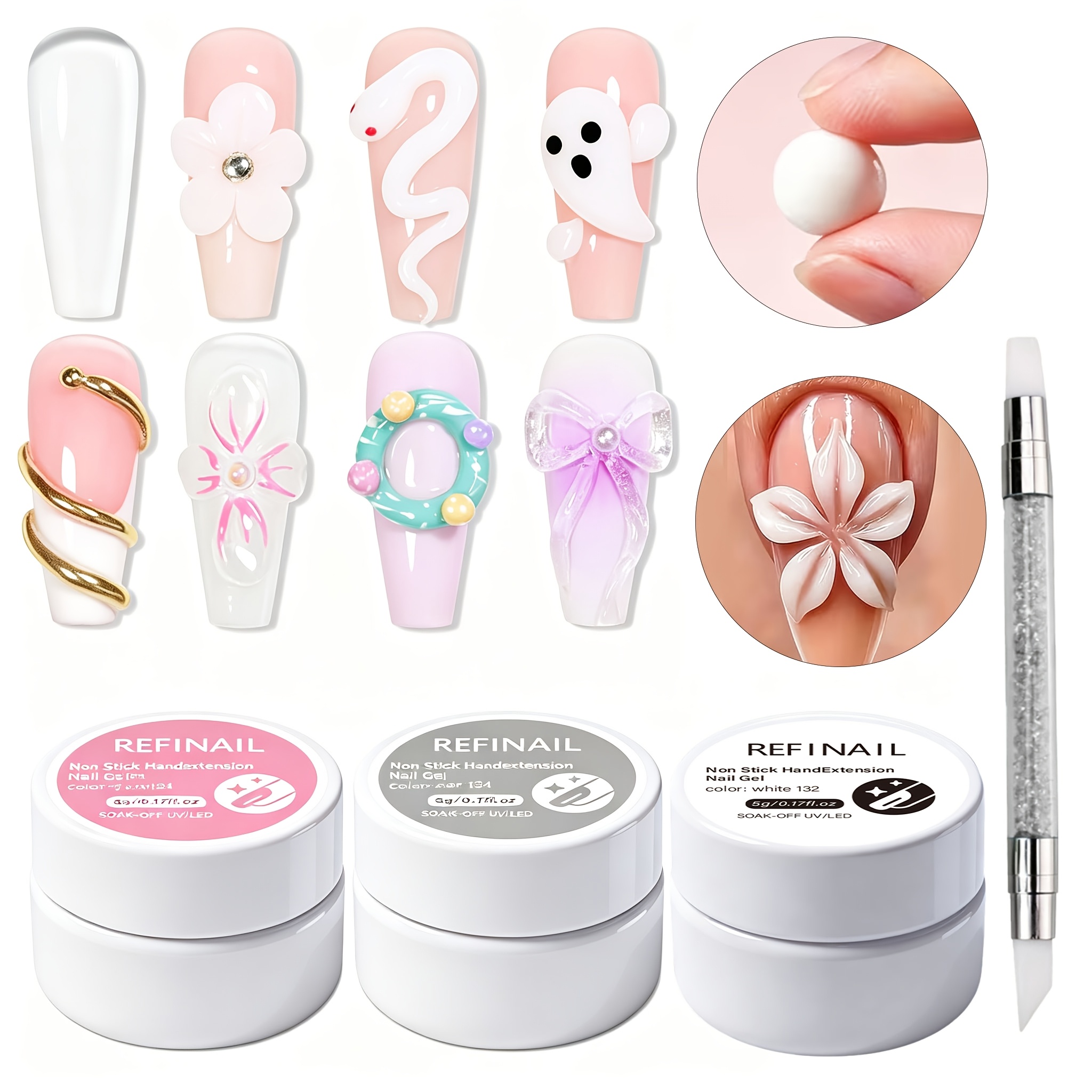 Image of 3d Nail Carving Gel, Transparent/white/pink And 4pcs Tool Set, Non-sticky Solid Nail Gel, Sculpting Hard Gel Dual Form, For Carving Patterns Decoration Nail Art Home Manicure Supplies