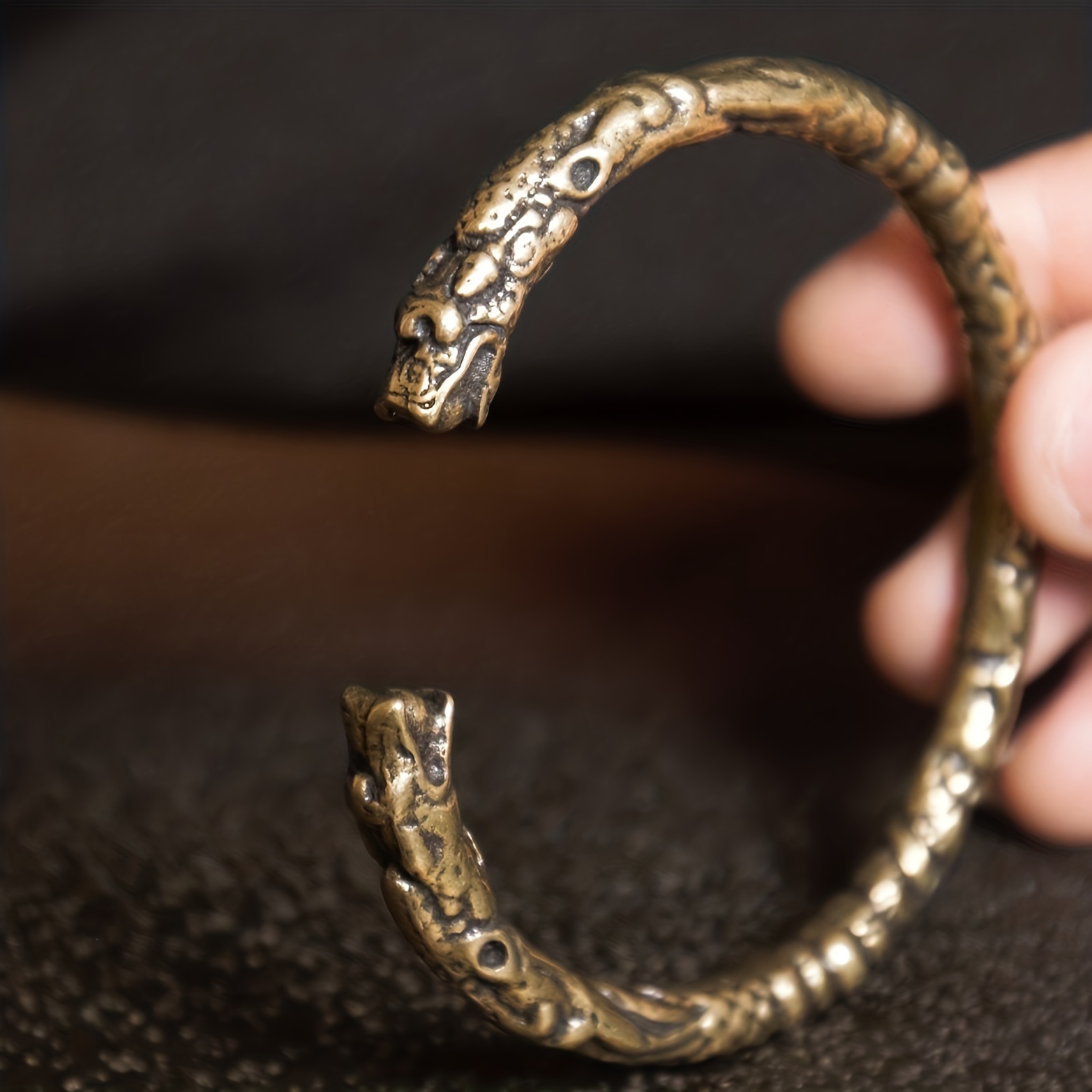 Men's Adjustable Solid Brass Double Dragon Head Cuff Bangle