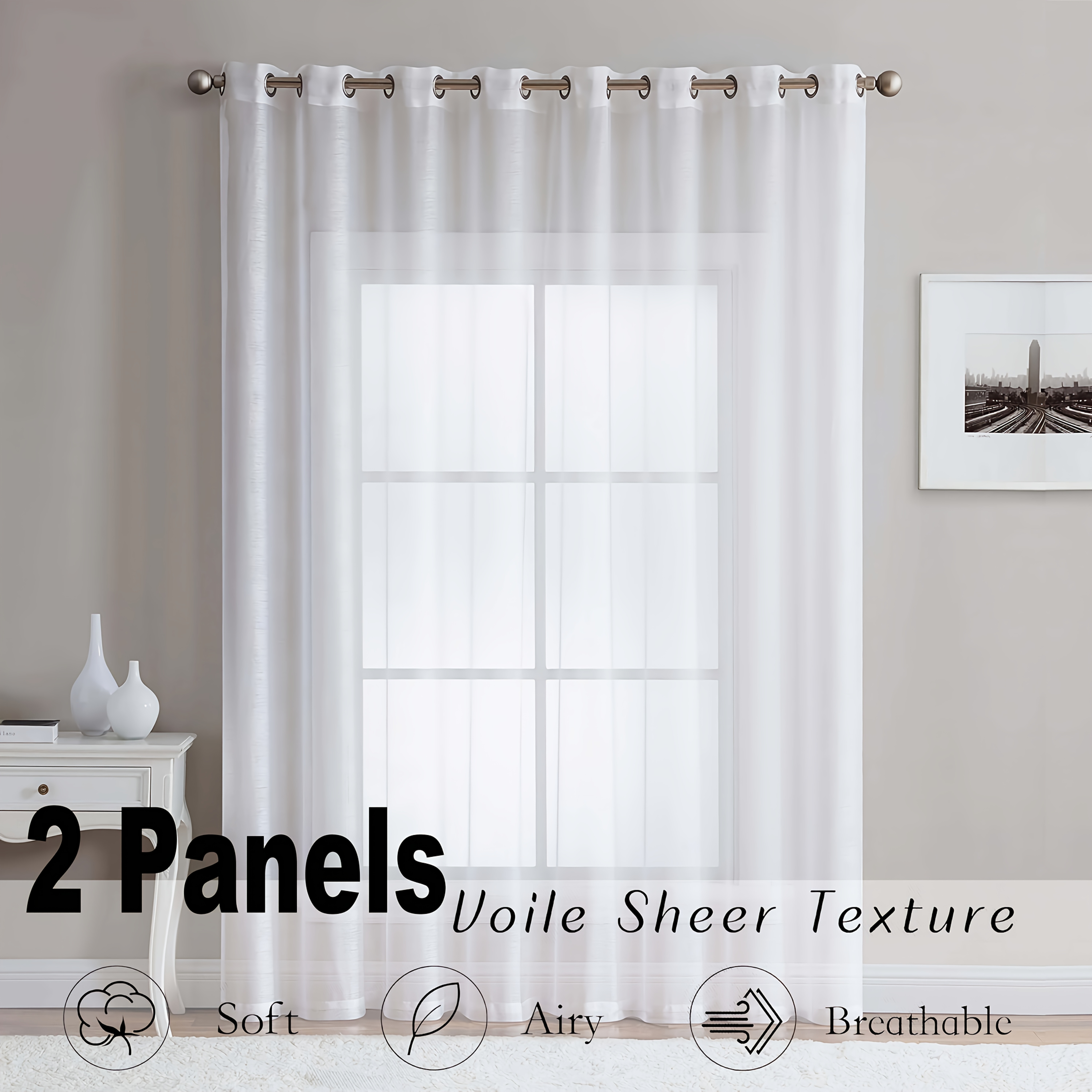 Image of Translucent White Drapes - Semi-transparent Light-filtering Window Panels With Grommets For Bedrooms And Living Areas