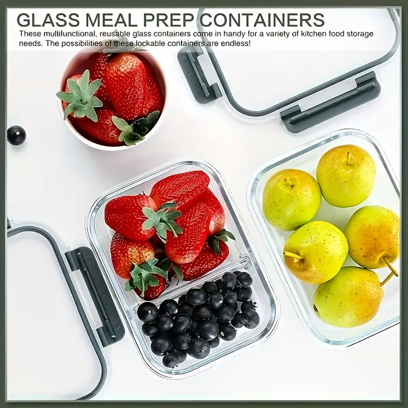 10 glass meal prep containers set airtight leak proof microwave safe dishwasher safe bpa free food grade glass lunch boxes for home kitchen office and outdoor use portion control meal planning and food storage Product details 1