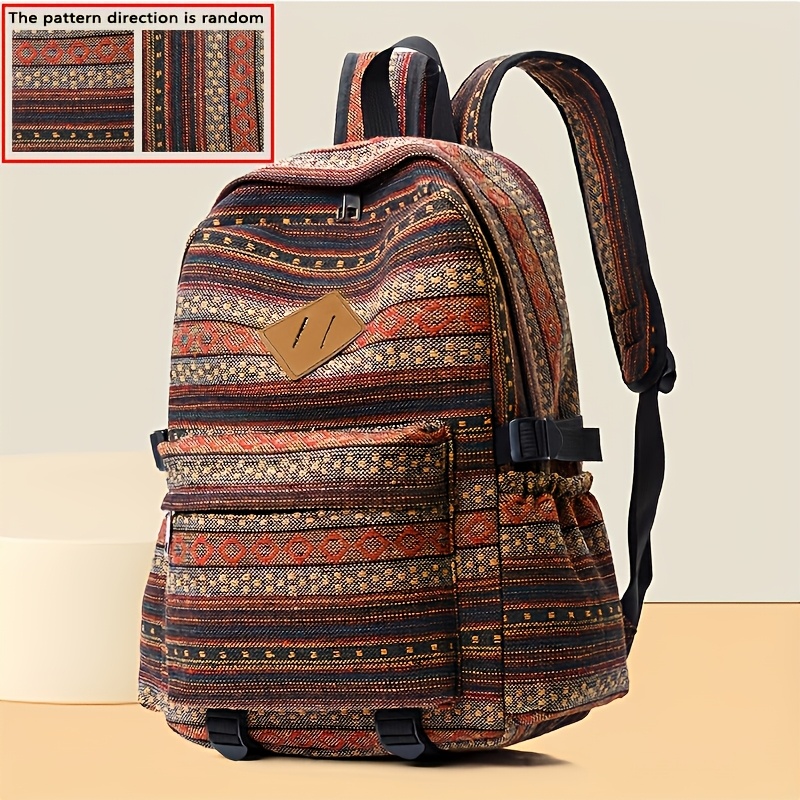 Image of 2025 Vintage Style Backpack With Adjustable Strap, Multiple Compartments, Large Capacity Travel And Vacation Backpack In Brown, Red, Blue, And Gray, Travel Backpack With Random Pattern