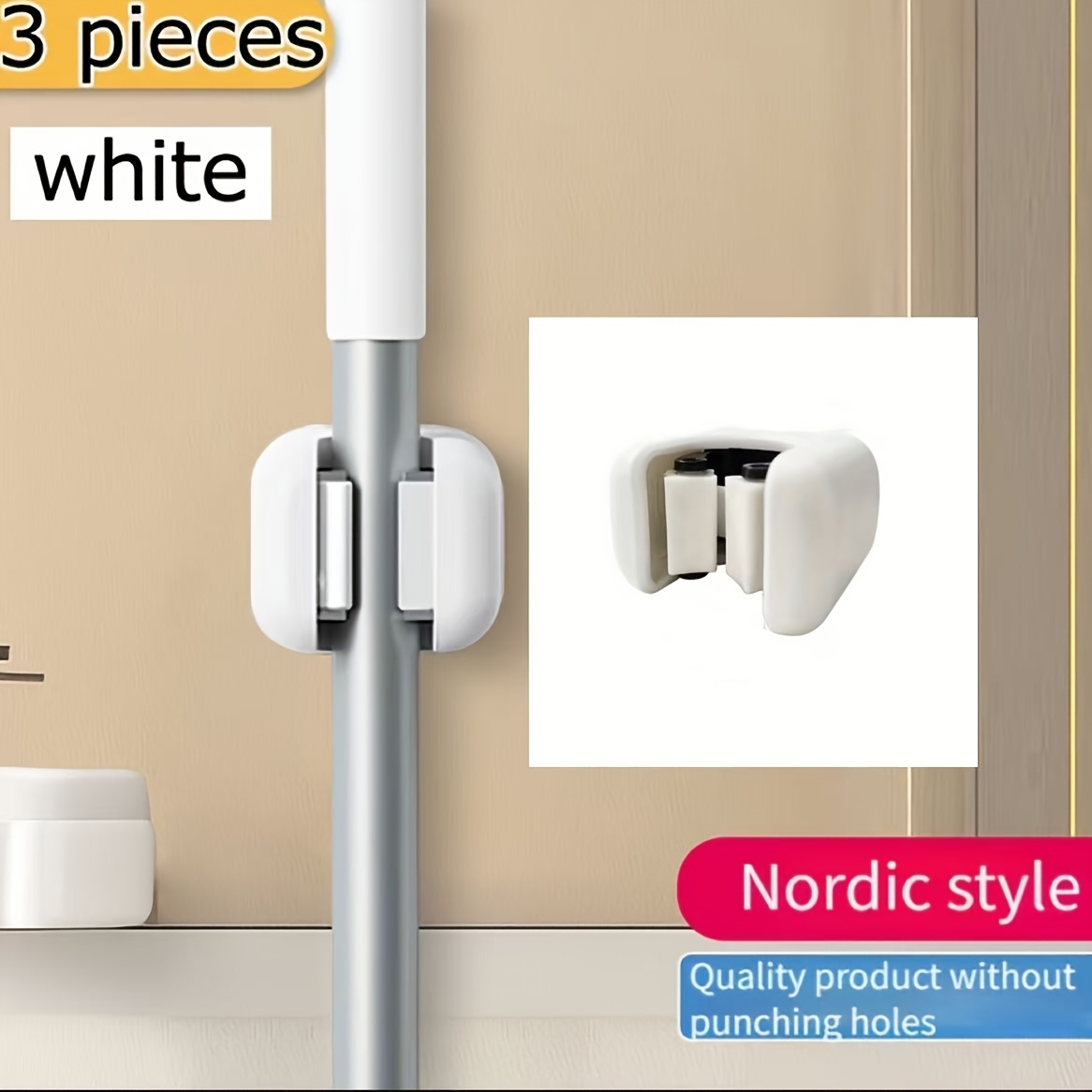 3pcs Self-adhesive Mop & Broom Holder - No-drill Wall Mount Organizer For Kitchen, Bathroom - Durable White Plastic Storage Clips