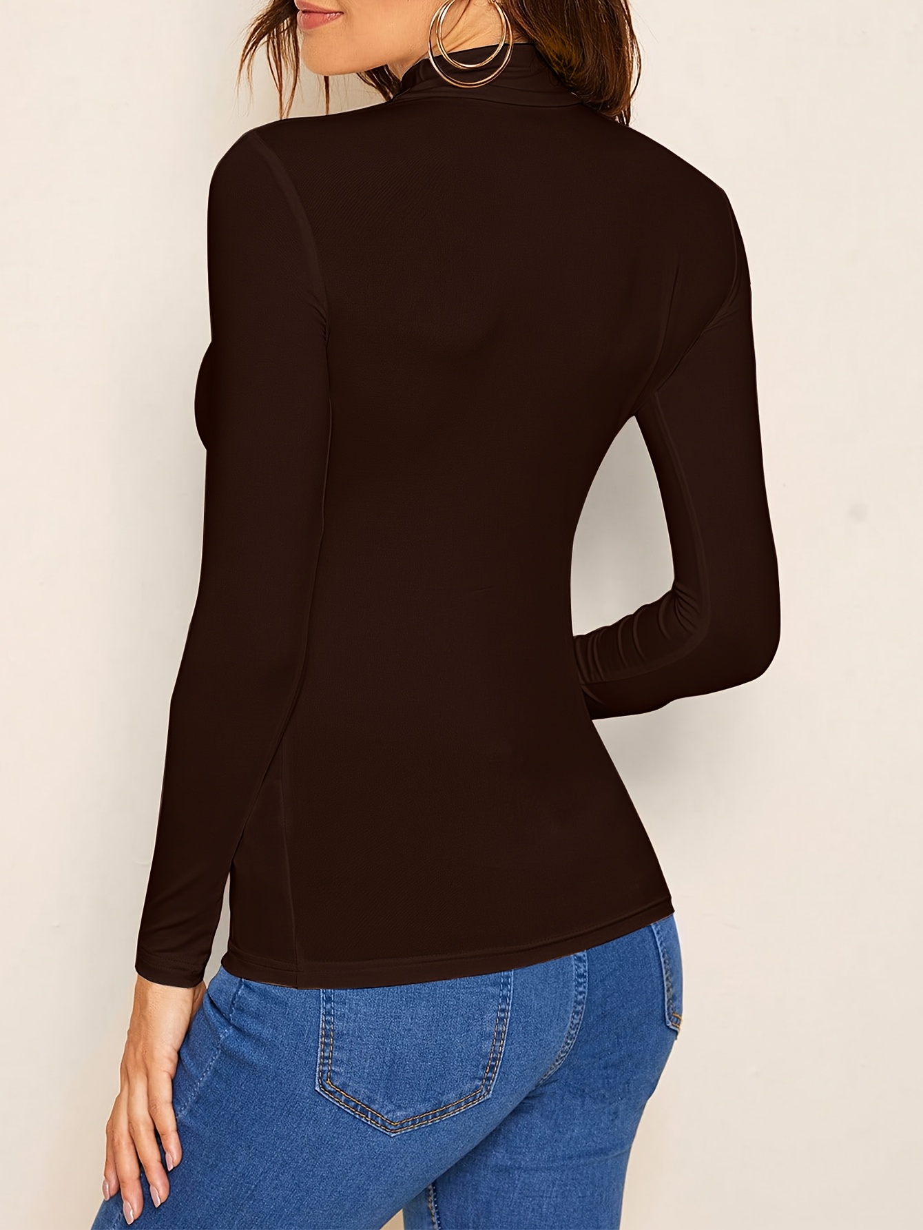 Solid Color Mock Neck T-Shirt, Versatile Long Sleeve T-Shirt For Spring & Fall, Women's Clothing