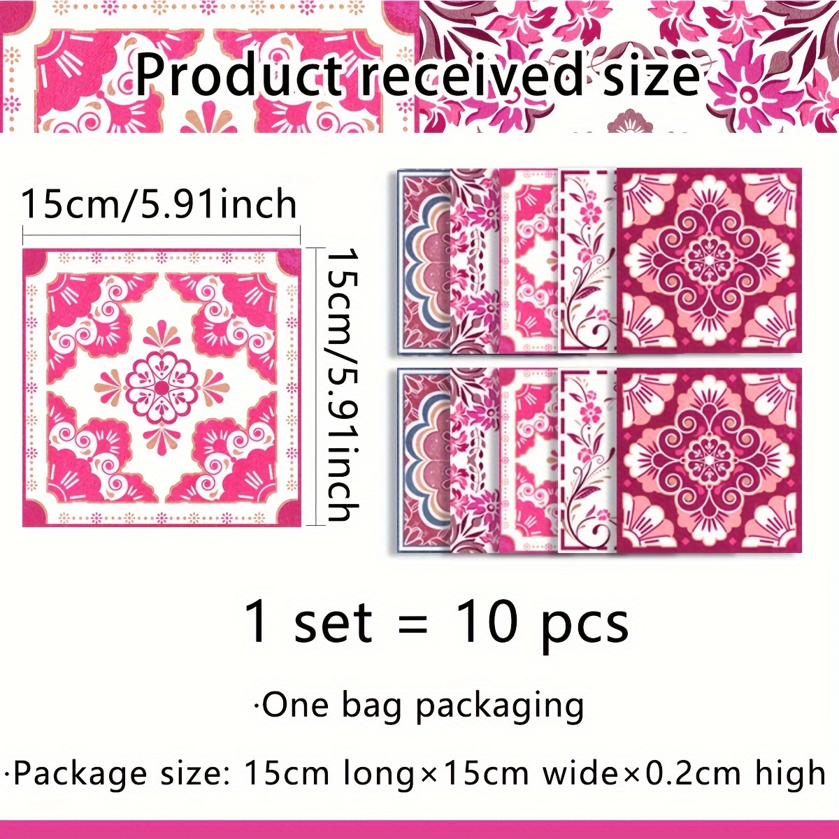 Image of Set Of 10pcs (15*15cm*10pcs) European Geometric Pink Pattern Wall Stickers, Artistic Colorful Decals For Dining Room, Kitchen And Bathroom Background