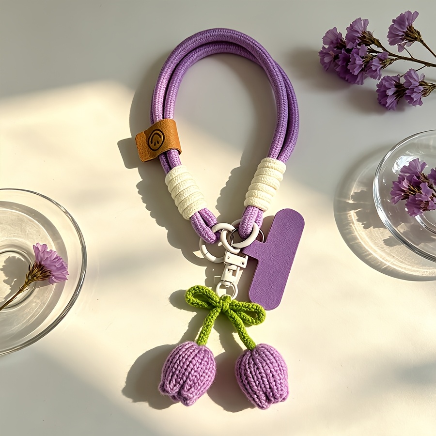 TEMU 1pc Tulip Knit Pendant Phone Lanyard Wristband, Hand Crochet Tulip Pendant Phone Bracelet Strap, Mobile Phone Pendant Strap, Creative Handheld