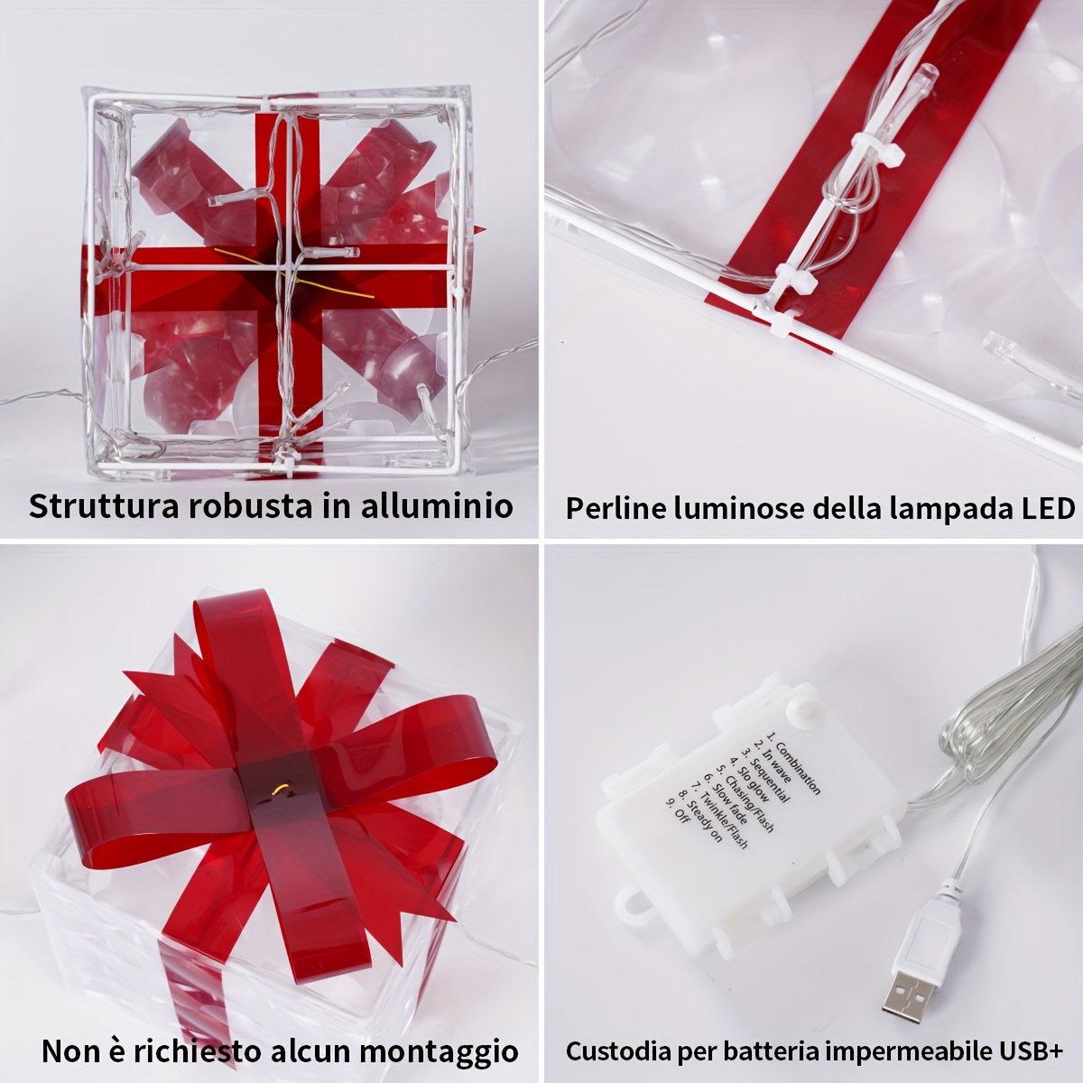 Set di 3 scatole regalo per Natale, Scatole regalo pre-illuminate con 100  luci bianche calde fiocchi 30x30x30cm