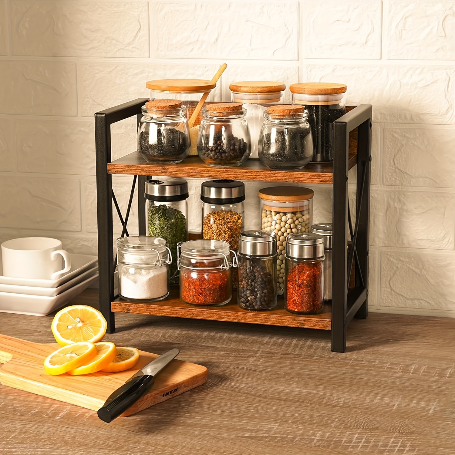 tier wooden coffee bar spice rack organizer elegant black Temu