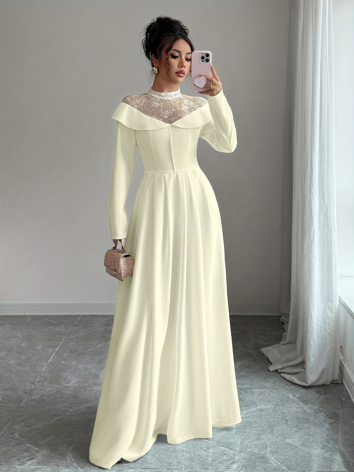 s elegant white a line maxi dress with mesh panel lace like sheer back long sleeve length wedding guest gown round neck formal evening dress machine washable no stretch Product details 11