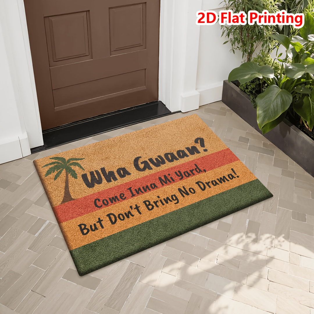 TEMU Commodity Item Funny Doormat With Flannel And 1cm Thick Sponge Material Palm Colorful Stripes Background English Lettering "wha Gwaan? Come Inna