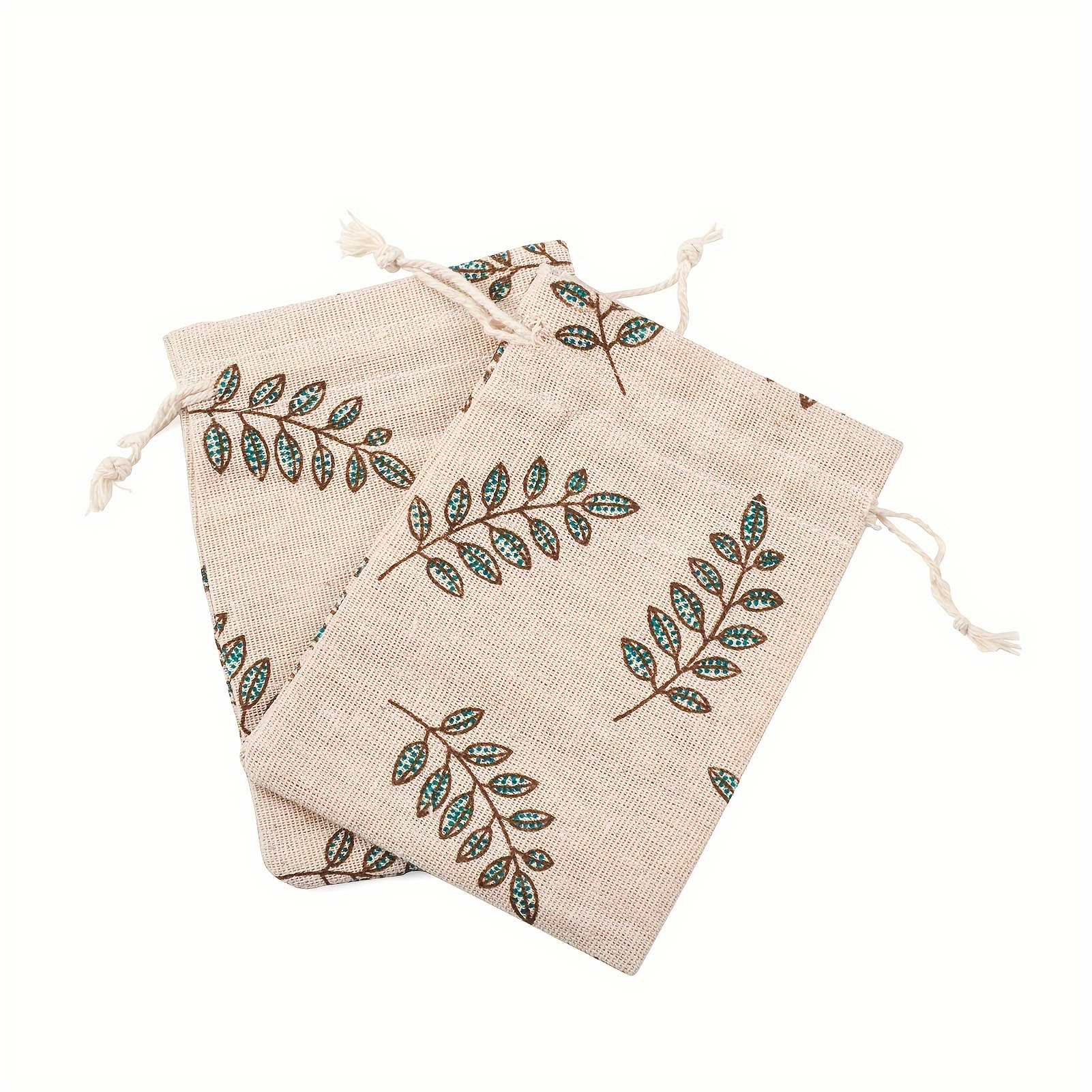 

50pcs . 14x10cm Wheat Colour With Printed Leaves Polyester Cotton (polyester Cotton) Packing Bag Drawstring Bag, Small Storage Bag Gift Bag