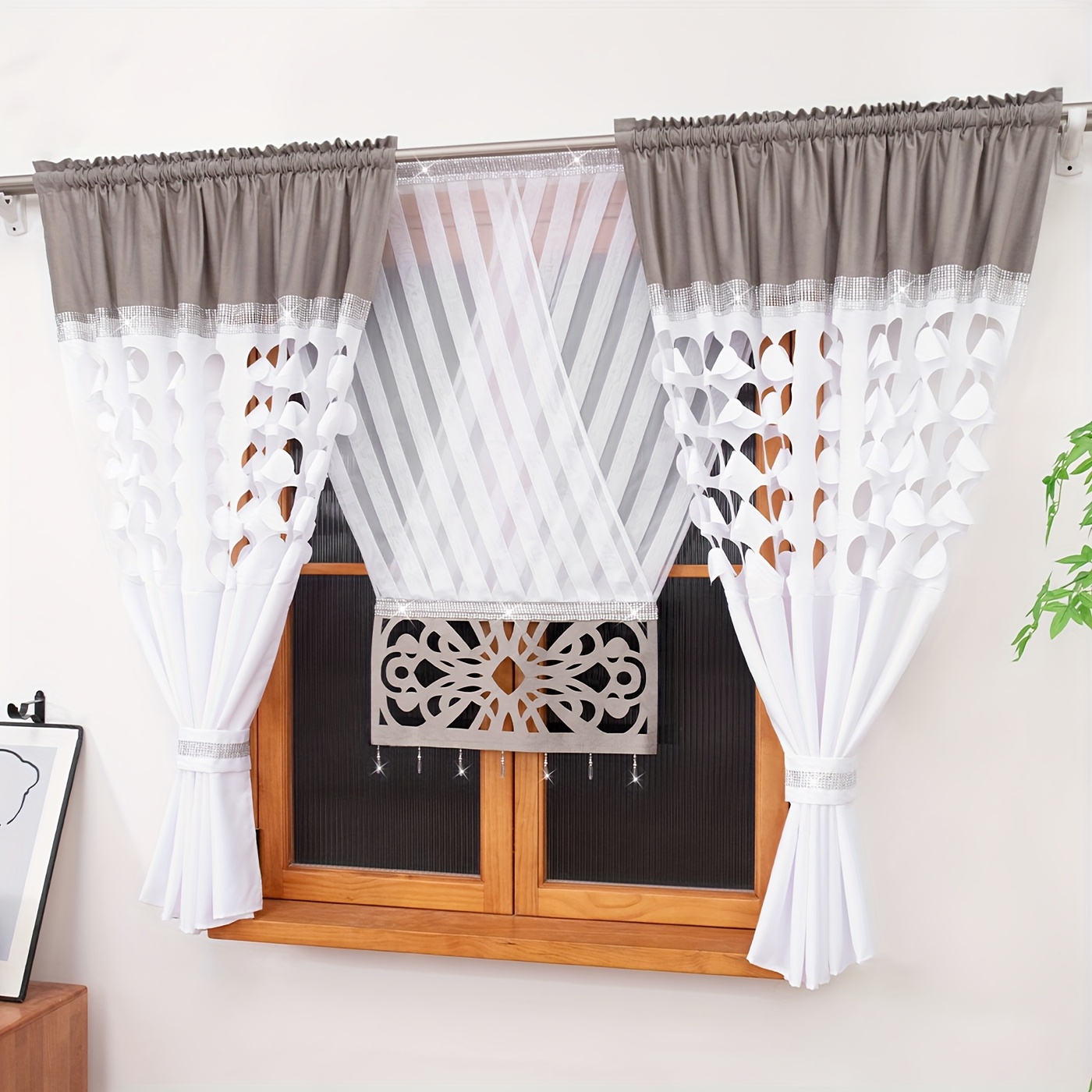 Flying 1 Set Embroidered Hollow Lace Pleated Rod Pocket Curtain Set Bedroom Living Room Curtain Decoration Set