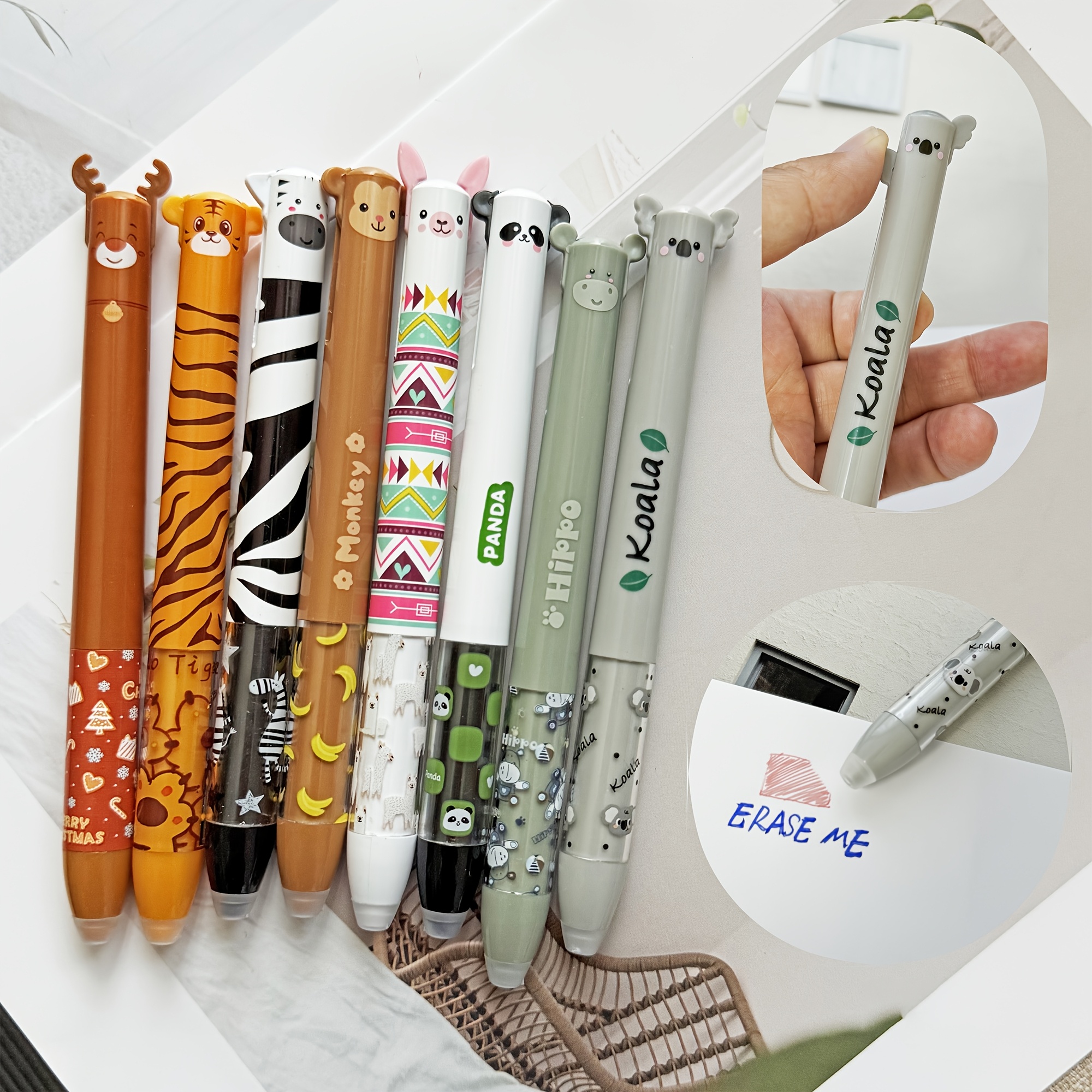 set of 8 adorable gel pens featuring a zoo theme each with dual colors of blue and red ink   clear double retractable pens come with an eraser providing a smooth writing experience ideal for journaling and office or school use Product details 1
