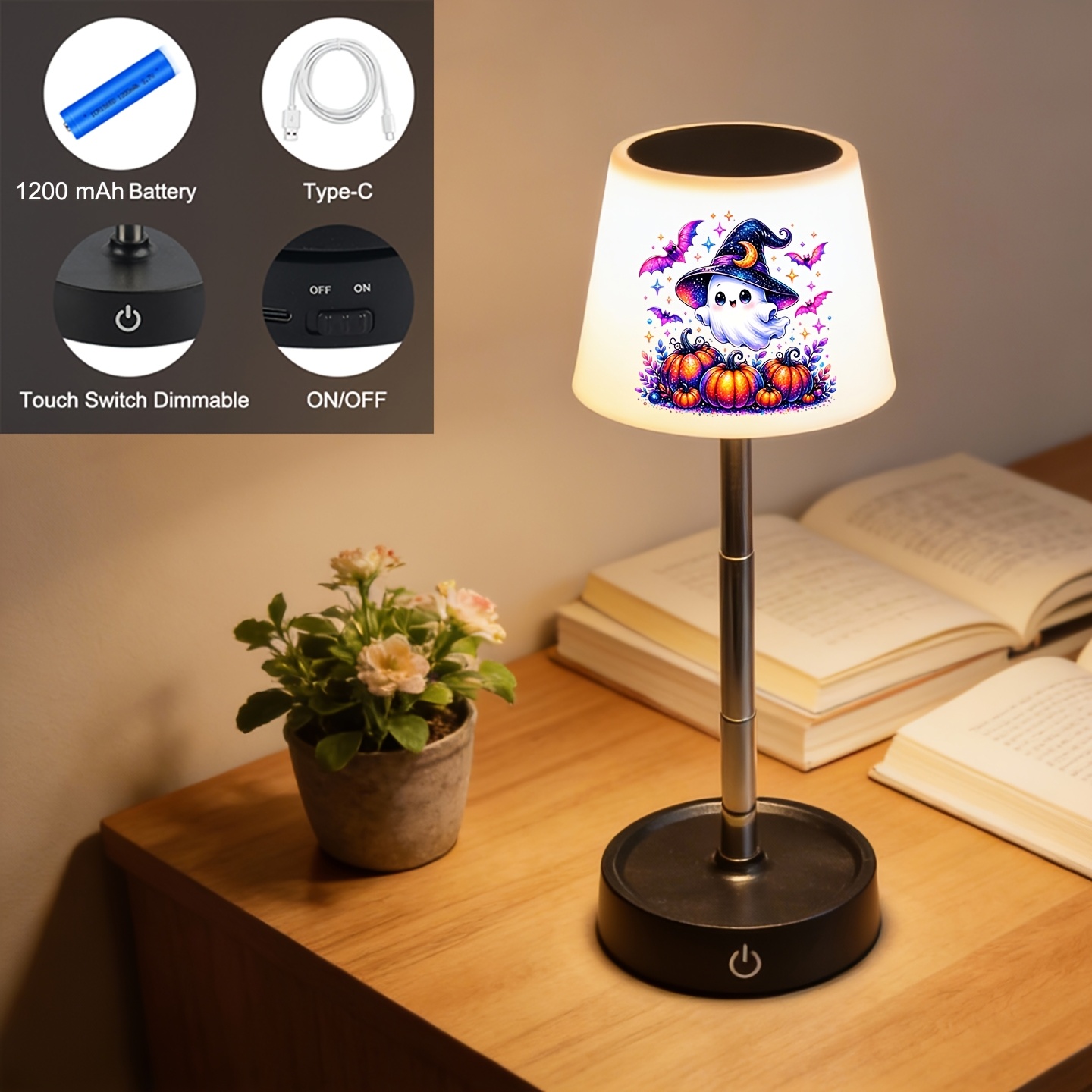 Halloween Cute Ghost Desk Lamp with Wizard Hat Pattern