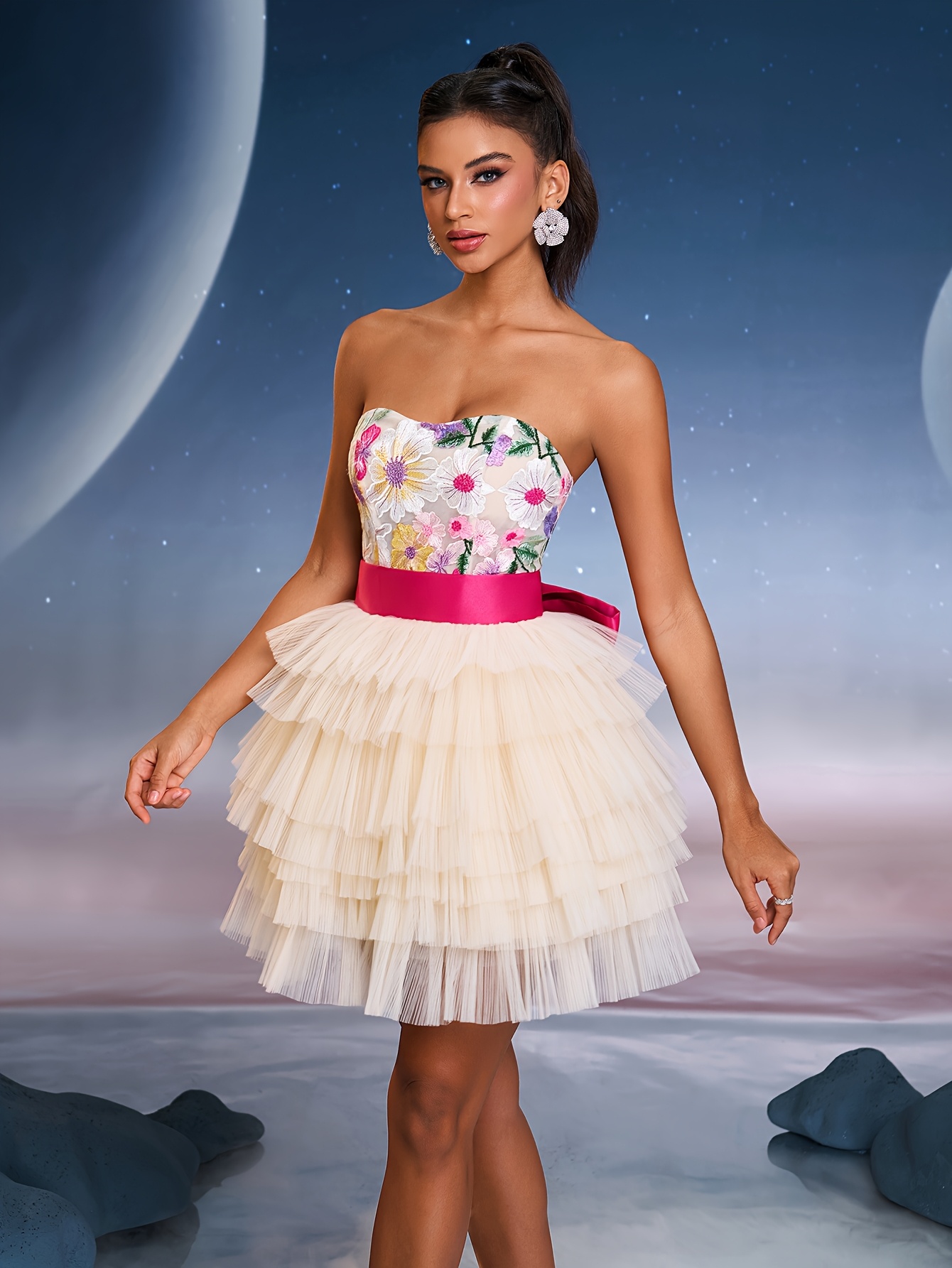 elegant floral embroidered mesh layered hem gown dress prom - Temu Mauritius
